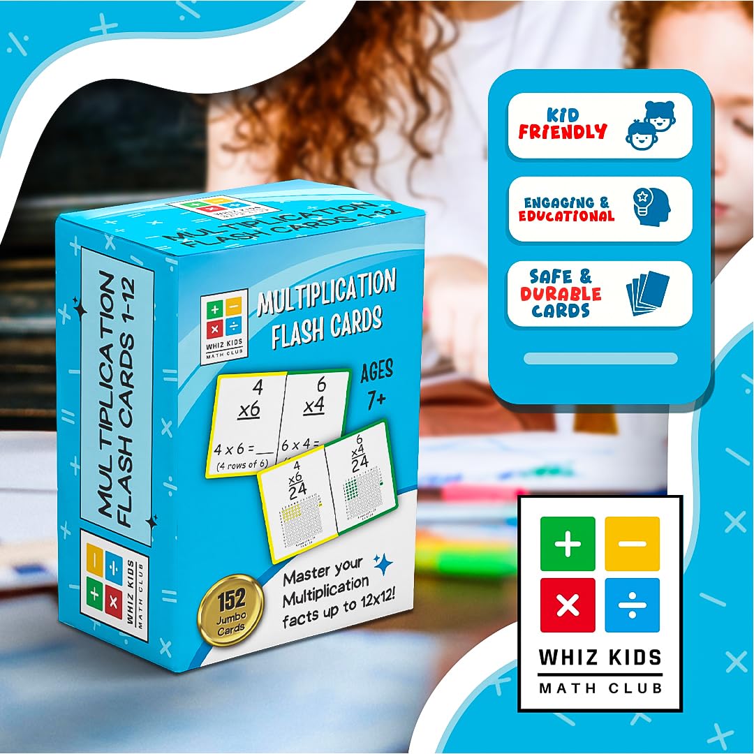 Whiz Kids Math Club Multiplication Flashcards - Jumbo 6"x4" Colorful Flash Cards with Visual Pictures and Multiplication Properties - Educational Math