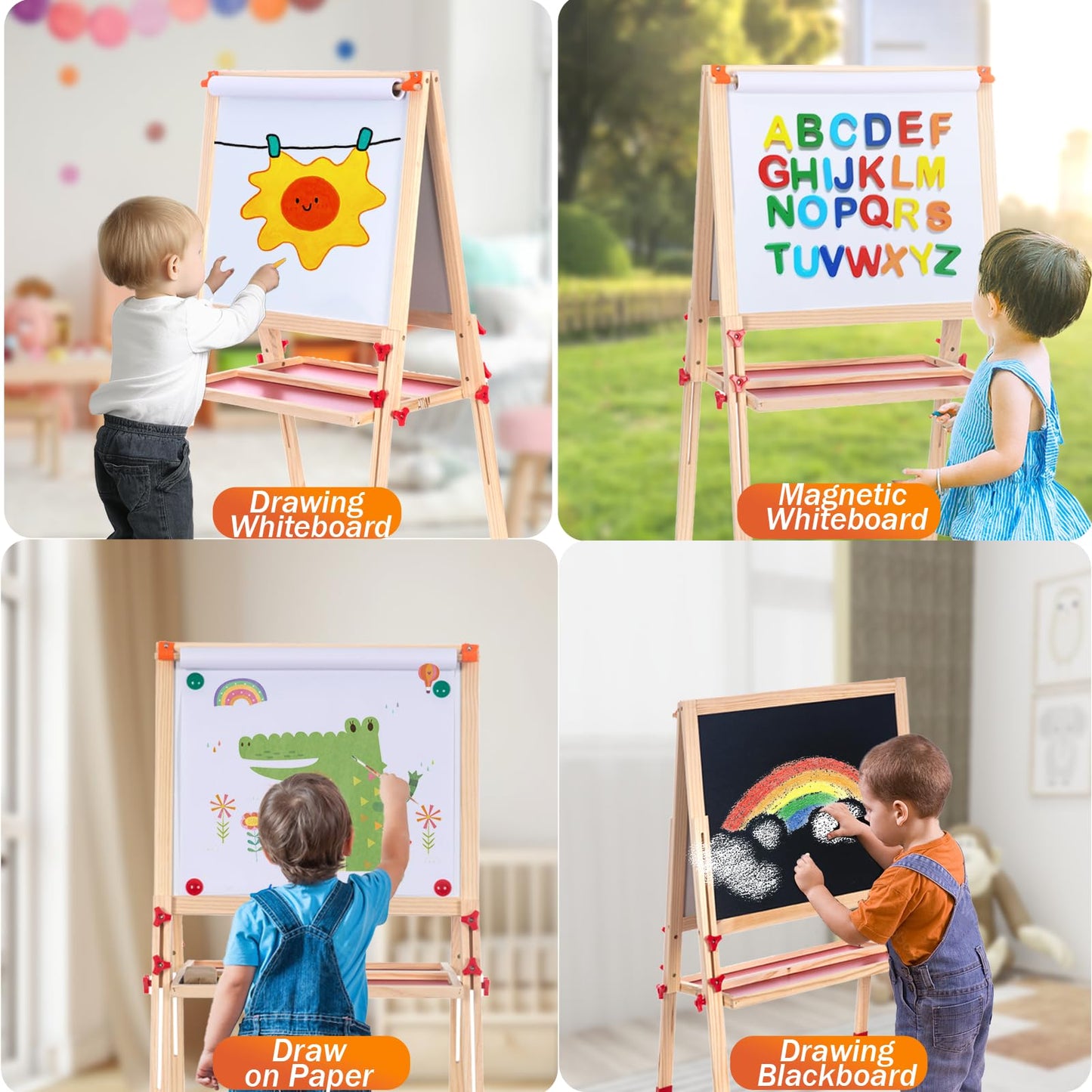Wooden Adjustable Easel for Kids, Quick-Fold Kids Easel with Paper Roll&Accessories, Double Sided Painting Easels for Toddlers 3,4,5,6,7,8,9,10 Years