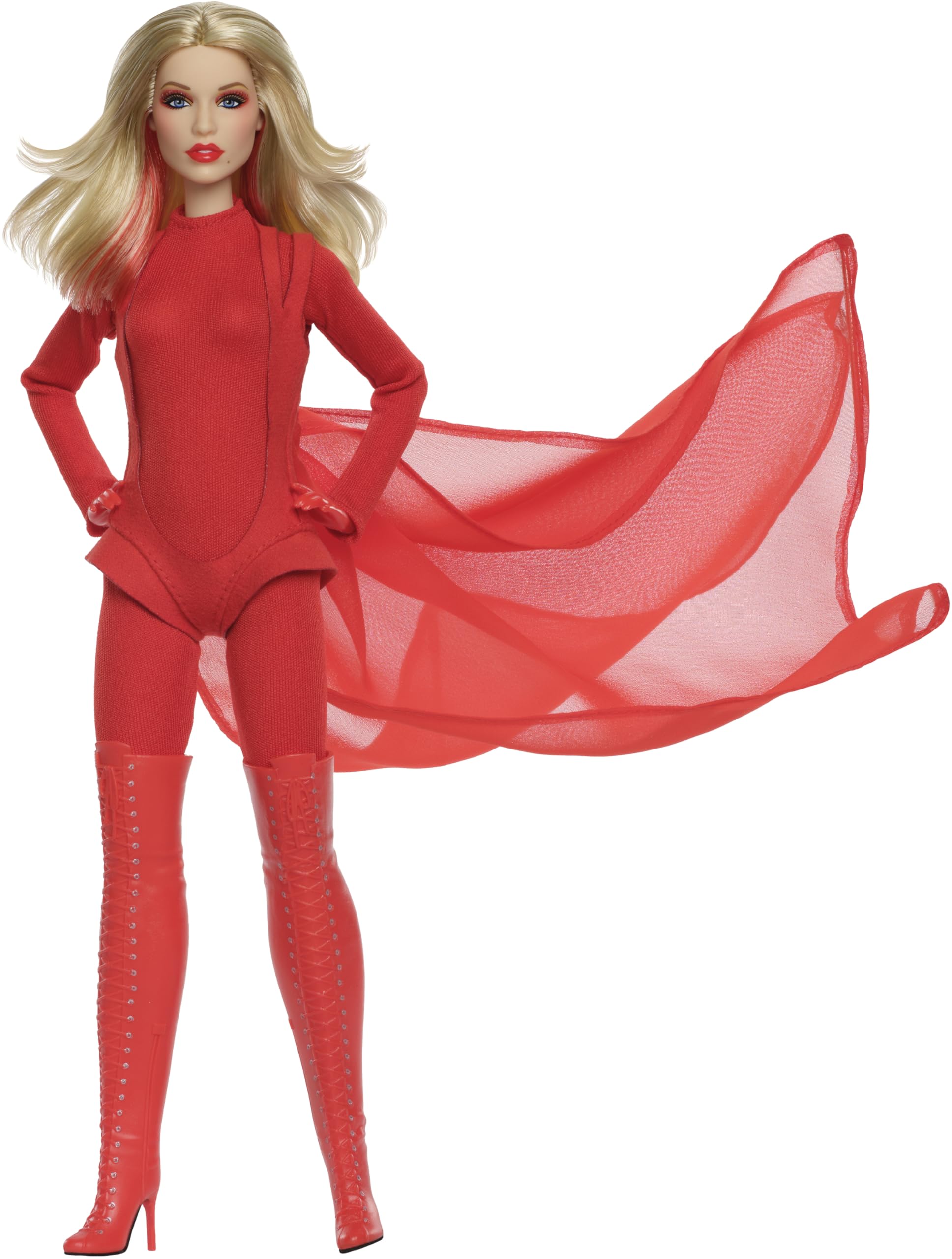 Barbie Signature Doll, Kylie Minogue Posable Collectible in “Padam Padam” Music Video Outfit with Red Bodysuit, Chiffon Cape and Lace-Up Boots