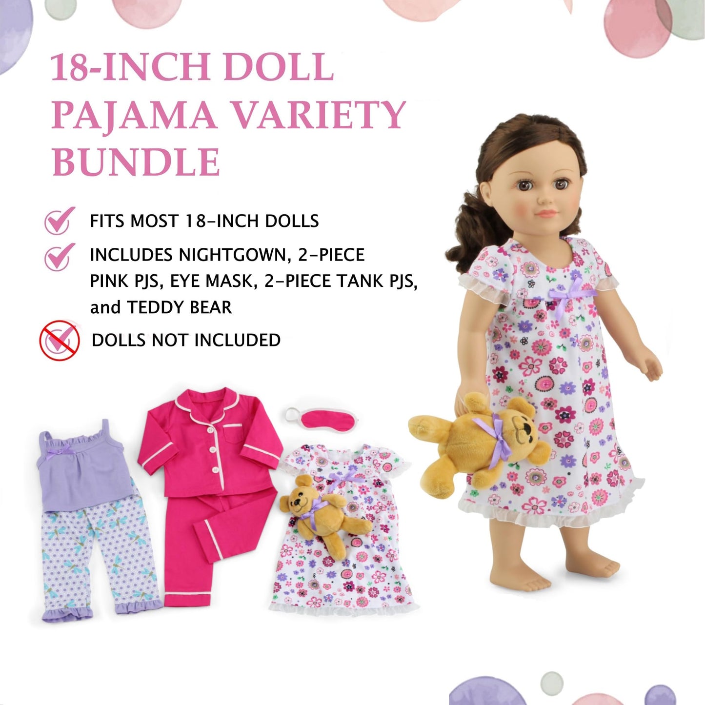 Emily Rose 18 Inch Doll Pajamas Bundle - 7 Piece Cozy PJs Set with Teddy Bear & Eye Mask