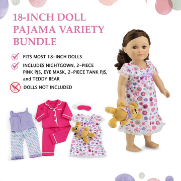 Emily Rose 18 Inch Doll Pajamas Bundle - 7 Piece Cozy PJs Set with Teddy Bear & Eye Mask