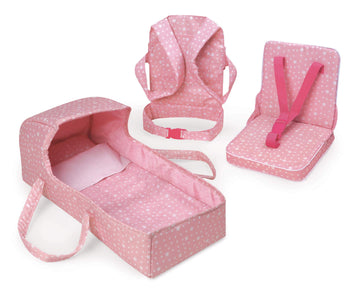 Badger Basket First Class 5-Piece Doll Travel Set for 18-Inch Dolls - Includes Travel Bed, Carrier, Reversible Blanket, and Accessories in Pink Stars