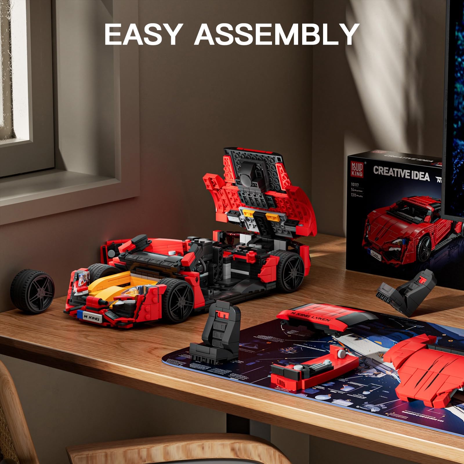 Mould King Car Building Set, 1:12 Scale Red Sports Vehicle, 1311 Pcs