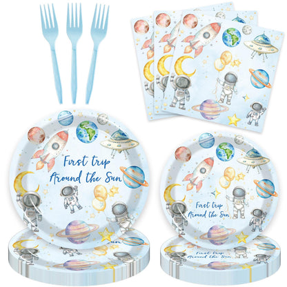 80 Pcs Space 1st Birthday Party Supplies, First Trip Around The Sun Plates Napkins Forks Tableware Kit for Outer Space Galaxy Astronaut Theme Baby