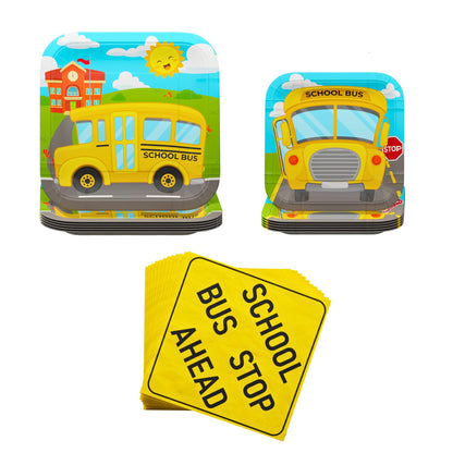 Blue Orchards School Bus Party Plates and Napkins (52 pieces for 16 Guests) - School Bus Party Supplies, School Bus Birthday Plates and Napkins