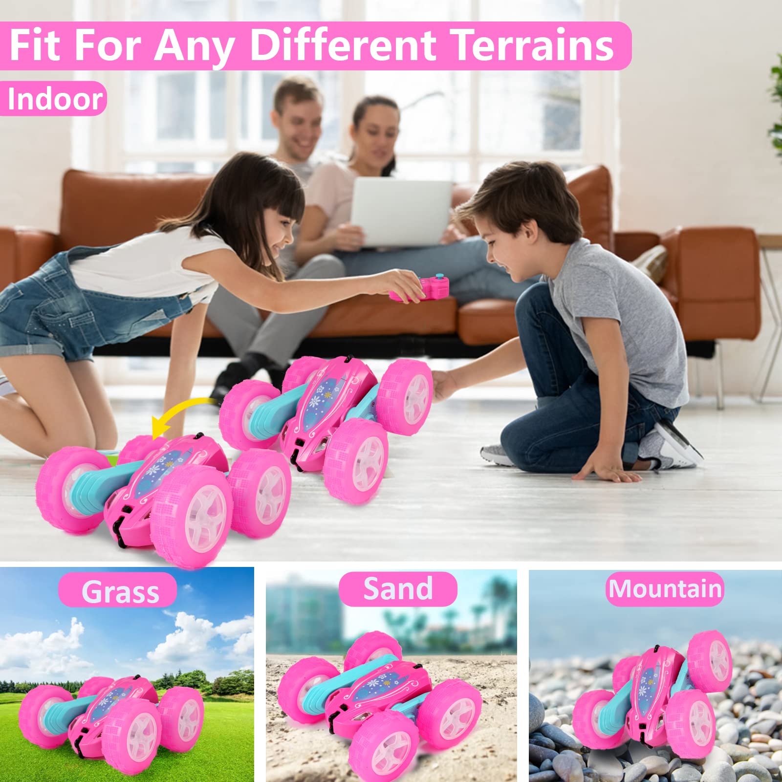FREE TO FLY Remote Control Car for Girls : Pink RC Car Double Sided 360°Flip Stunt Cars with Headlights & WheelLights Rechargeable Toy Car Birthday
