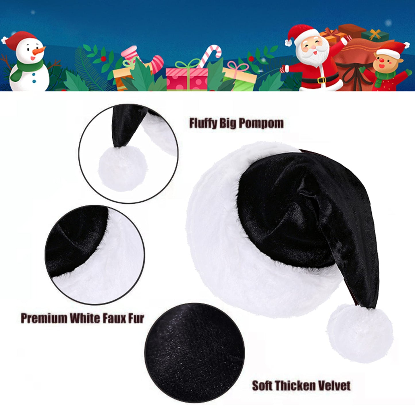 Eoocan Santa Hat, Santa Hat for Kids, Unisex Velvet Comfort Black Christmas Hats Extra Thicken Classic Plush for Christmas New Year Festive Holiday