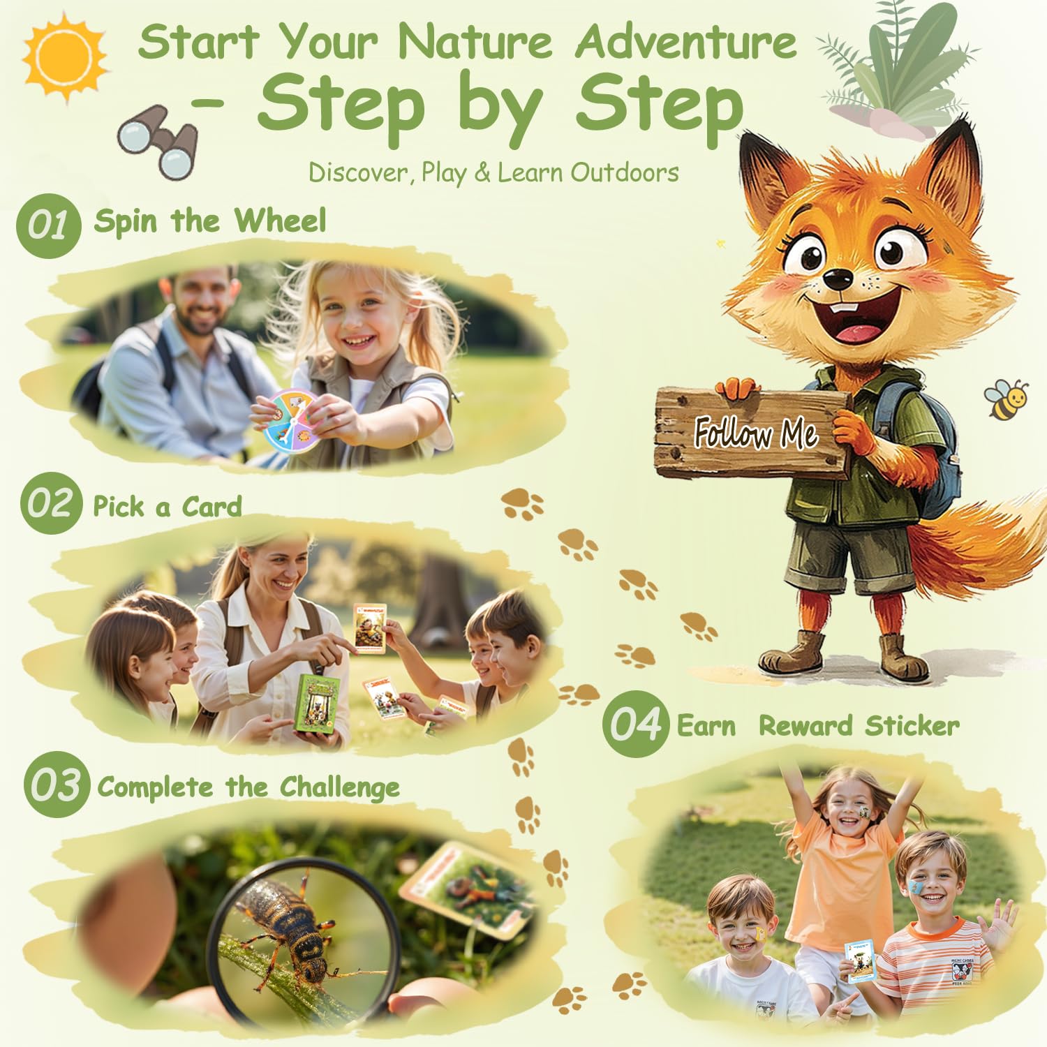 printara Kids Nature Scavenger Hunt - Outdoor Game for Kids | Laminated Waterproof, Wipe-Clean | 55 Cards, 5 Themes, Spinner & Stickers, Soft-Touch |
