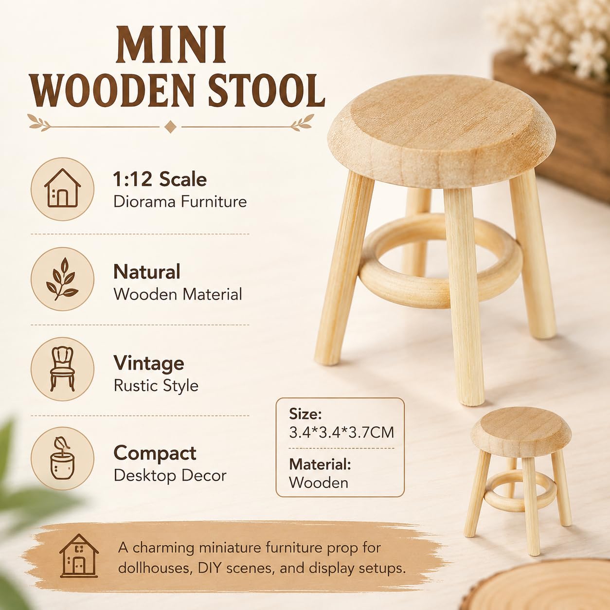 Miniature Wooden Stool, 1:12 Scale Furniture, DIY Living Room Accessories, Wooden Color Dollhouse Living Room, Dollhouse Accessories