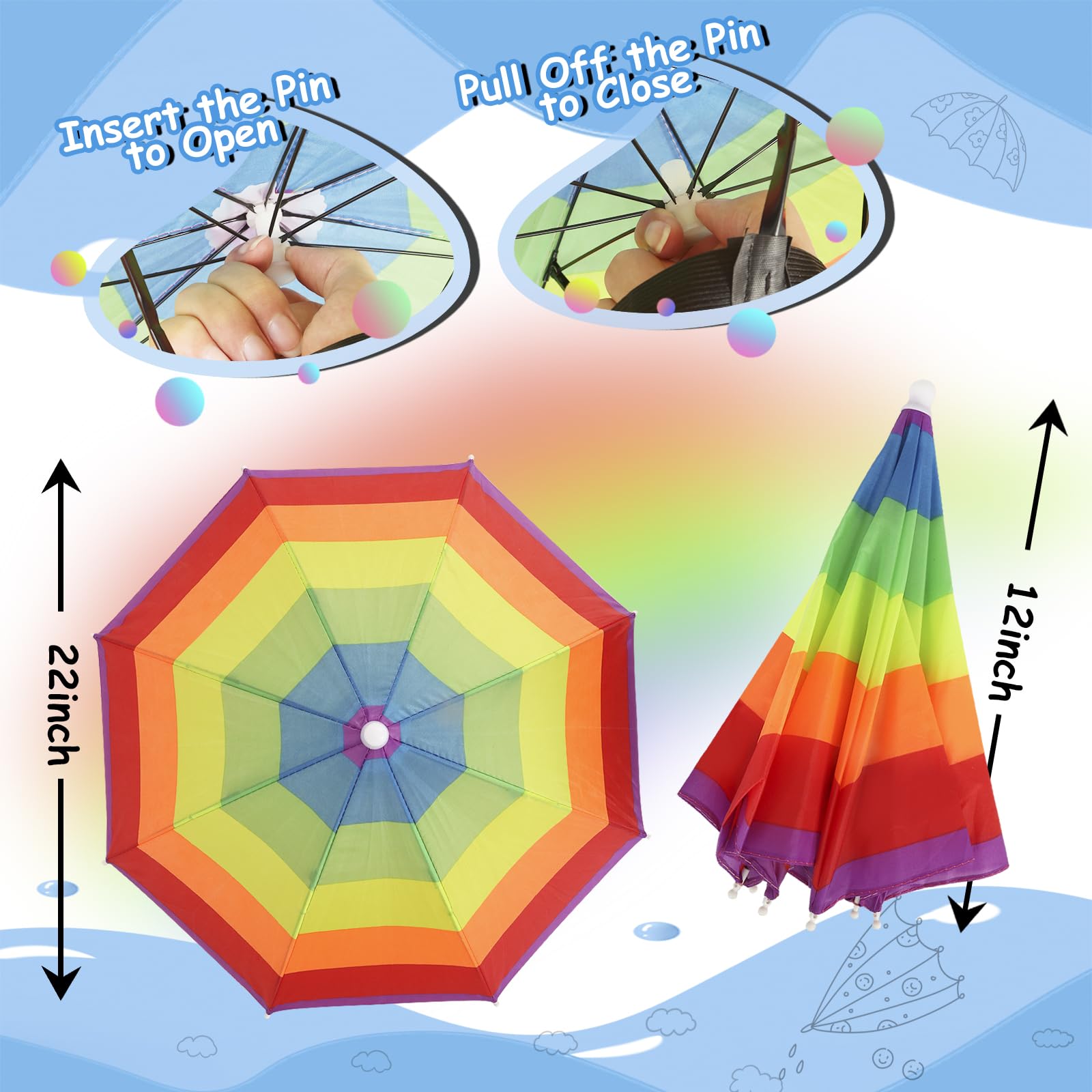 Arcimatto 4 Pack Umbrella Hat with Elastic Band, Fun Colorful party Hats, Hands-free Design for Beach Party, Camping, Outdoor Sun Rain Protection