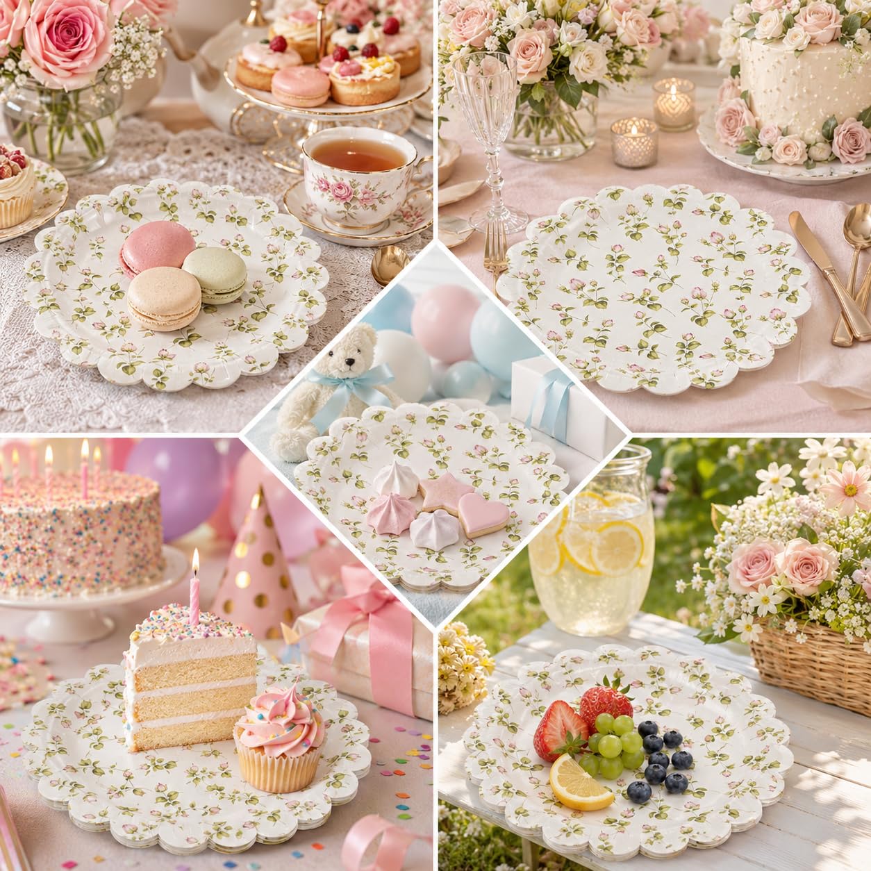 Lulu Posh Floral Paper Plates 12 Inch (24 Pack) - Scalloped Disposable Party Plates, Pink Rose Vintage Shabby Chic Dinner Plates, Heavy Duty Paper