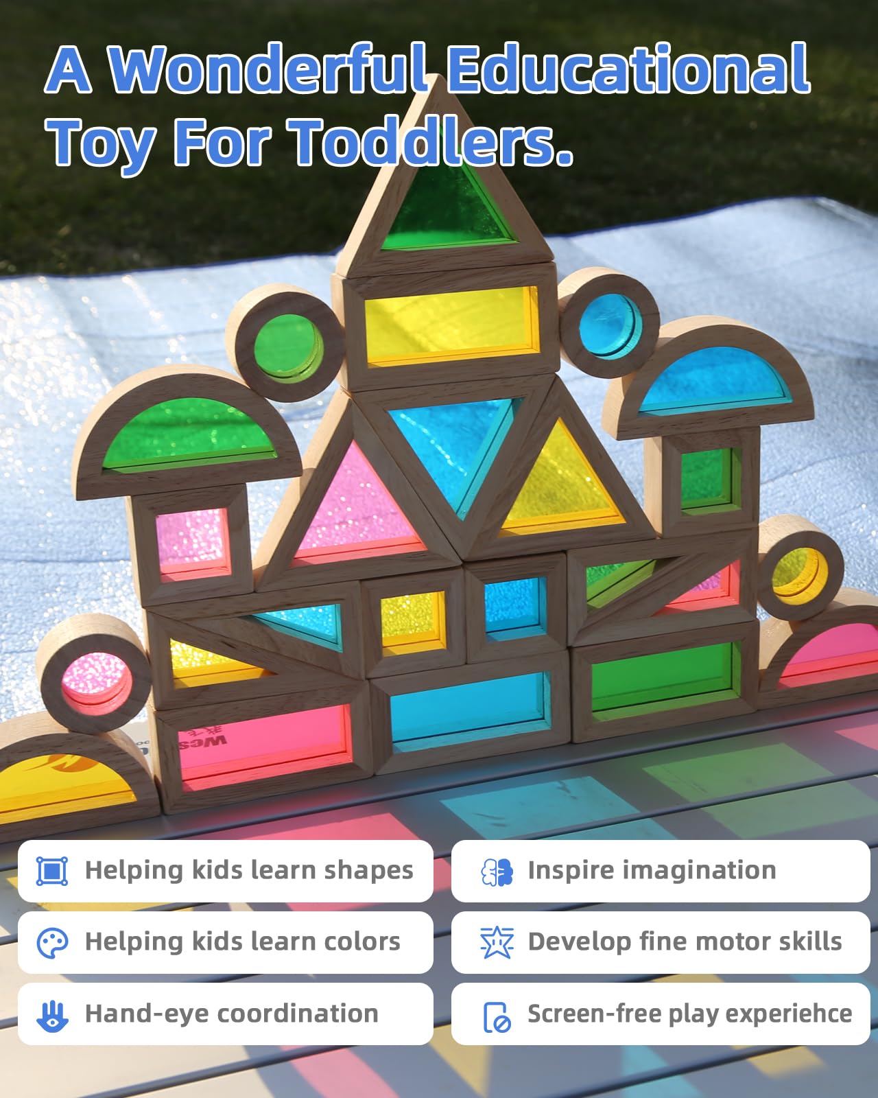 JOLKID Wooden Building Blocks with Rainbow Acrylic Windows - 24pc Classic Montessori Stacking Set - Screen-Free Educational STEM Construction Toys