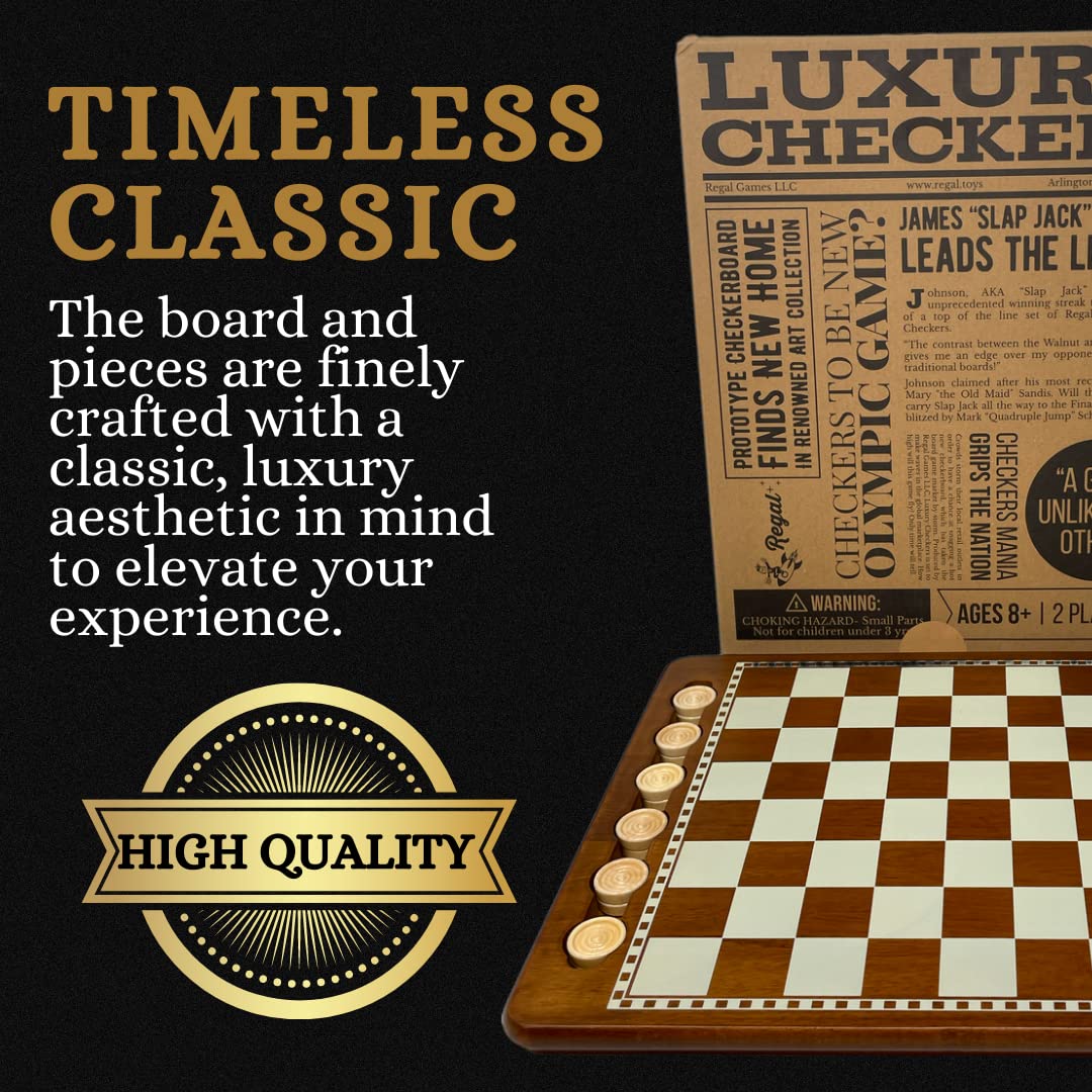 Regal Games Luxury Checkers Board Game for Adults & Kids - Classic Wooden Board Game Set with 24 Checkers Pieces - Travel and Portable Table Games
