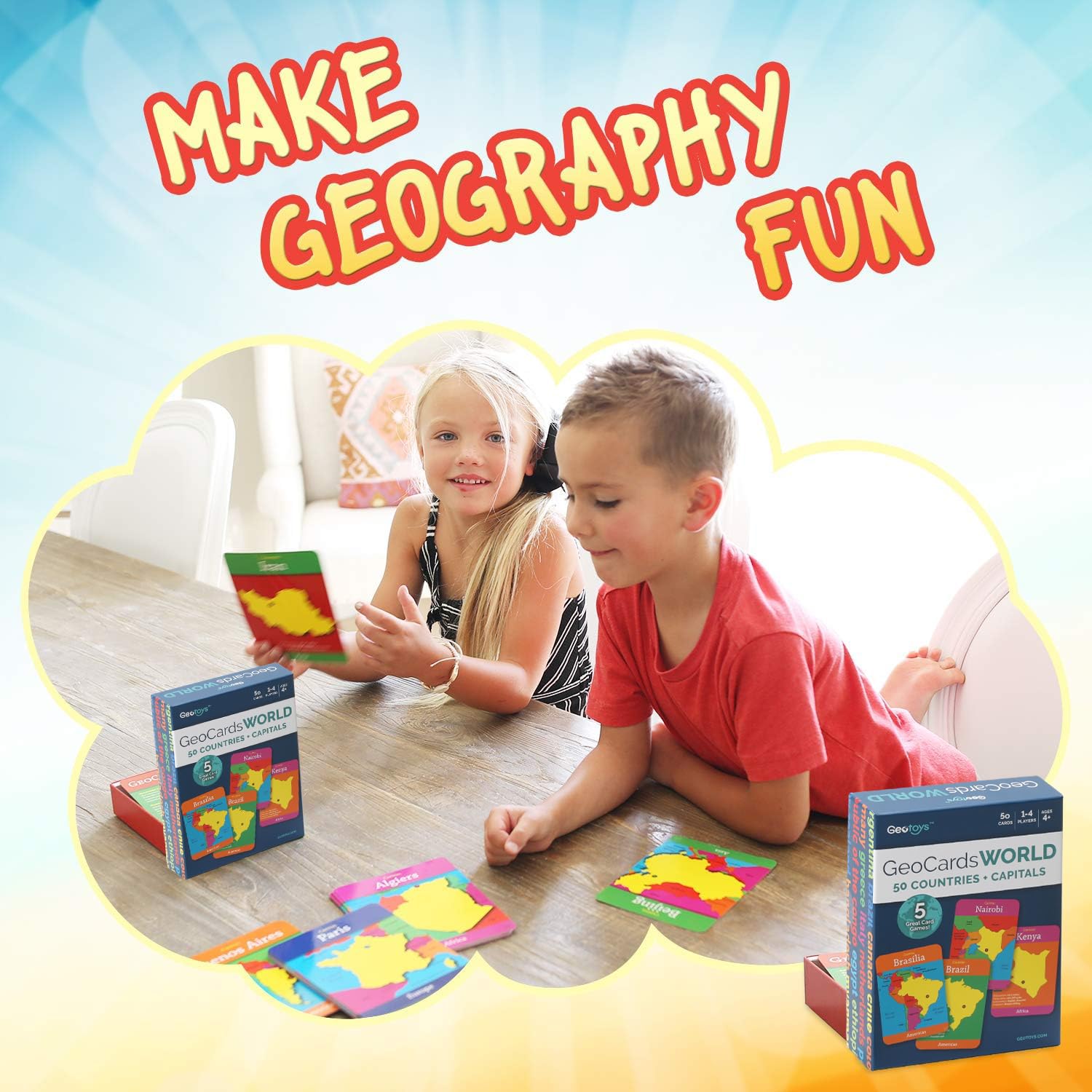 Geotoys GeoCards, World Flash Cards Geography Game, Kid Card Games for Families, Home, School & Travel - Countries and Capitals Flash Cards - Fun Kid