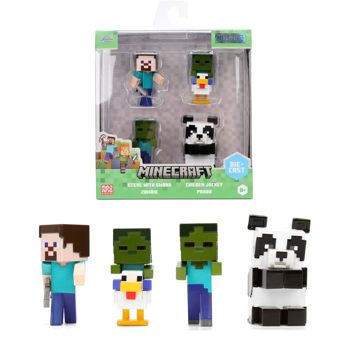 Jada Minecraft 4-Pack Metalfigs Mini Figures Set 2.5 Inch Die-Cast Steve Zombie Panda Chicken Jockey Toys