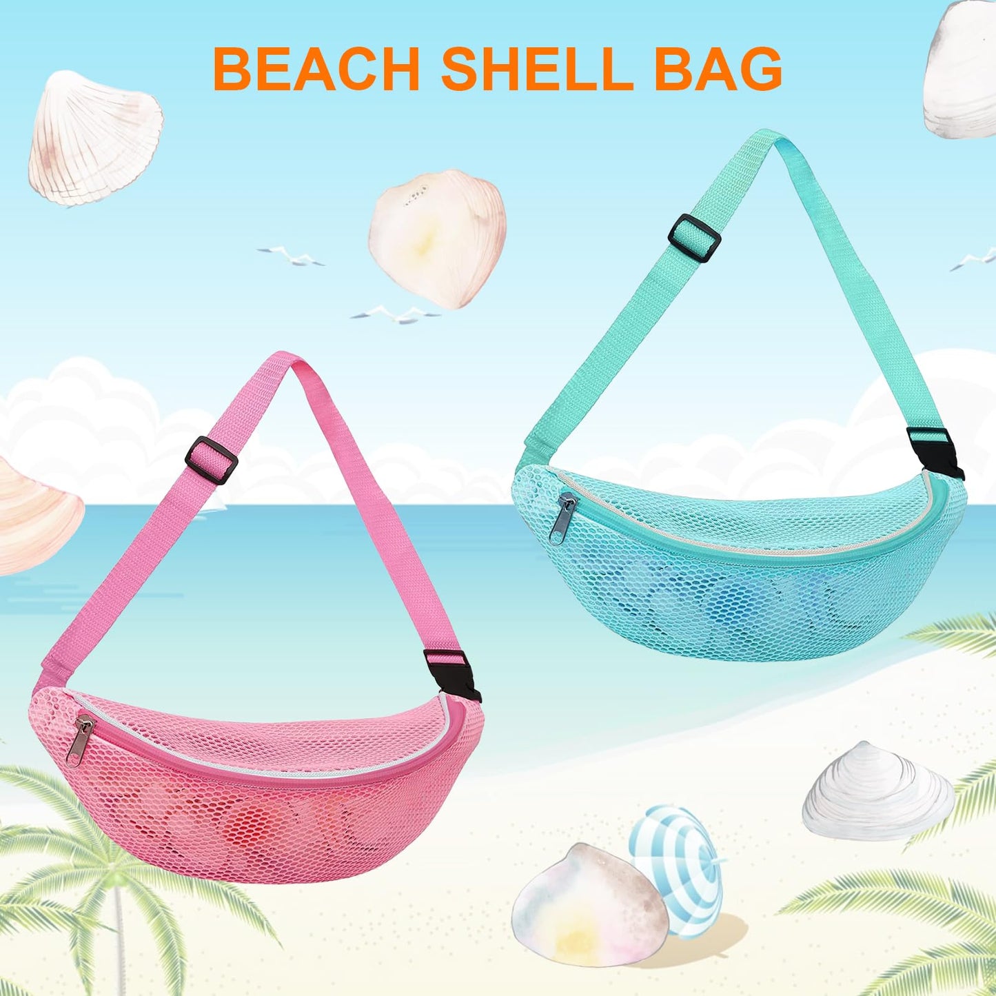 Mesh Beach Bag for kids, Shell Bags for Beach, Fanny Pack Shell Bags for picking up shells for adults with Adjustable Straps for Collecting Seashells
