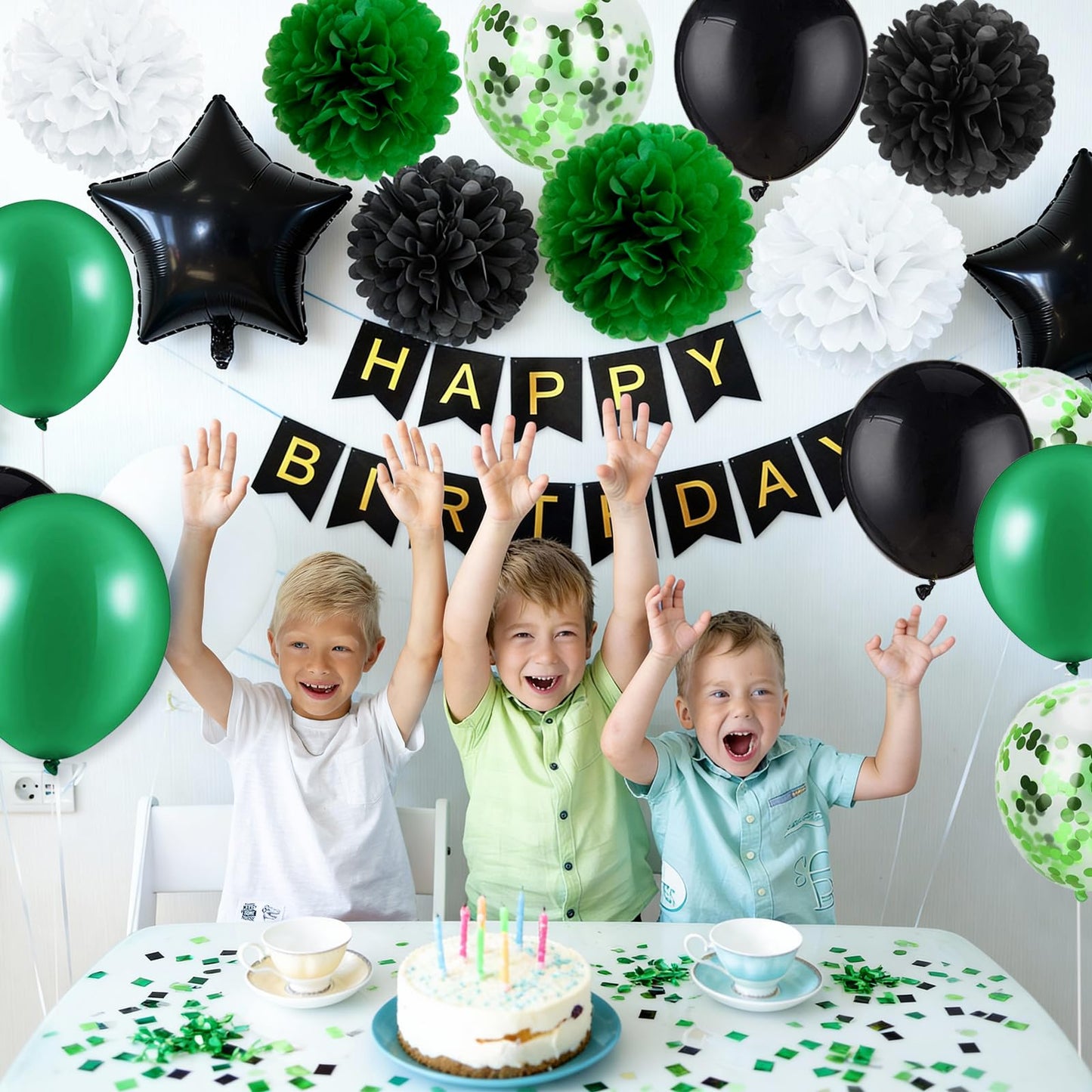 Rabbmall Birthday Decorations for Men Green and Black Party Decor Supplies Including Happy Birthday Banner Confetti Latex Balloon Foil Balloon
