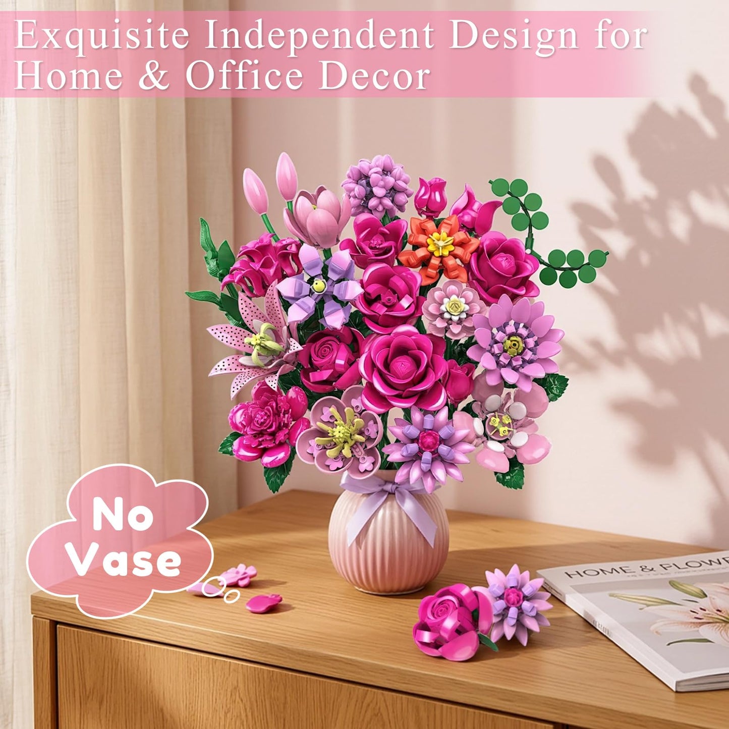 Utbttor LED Flower Bouquet Building Set, 23 Styles Artificial Botanical Blocks, 924 PCS DIY Flower Collection Table Decor Gift for Women & Girls