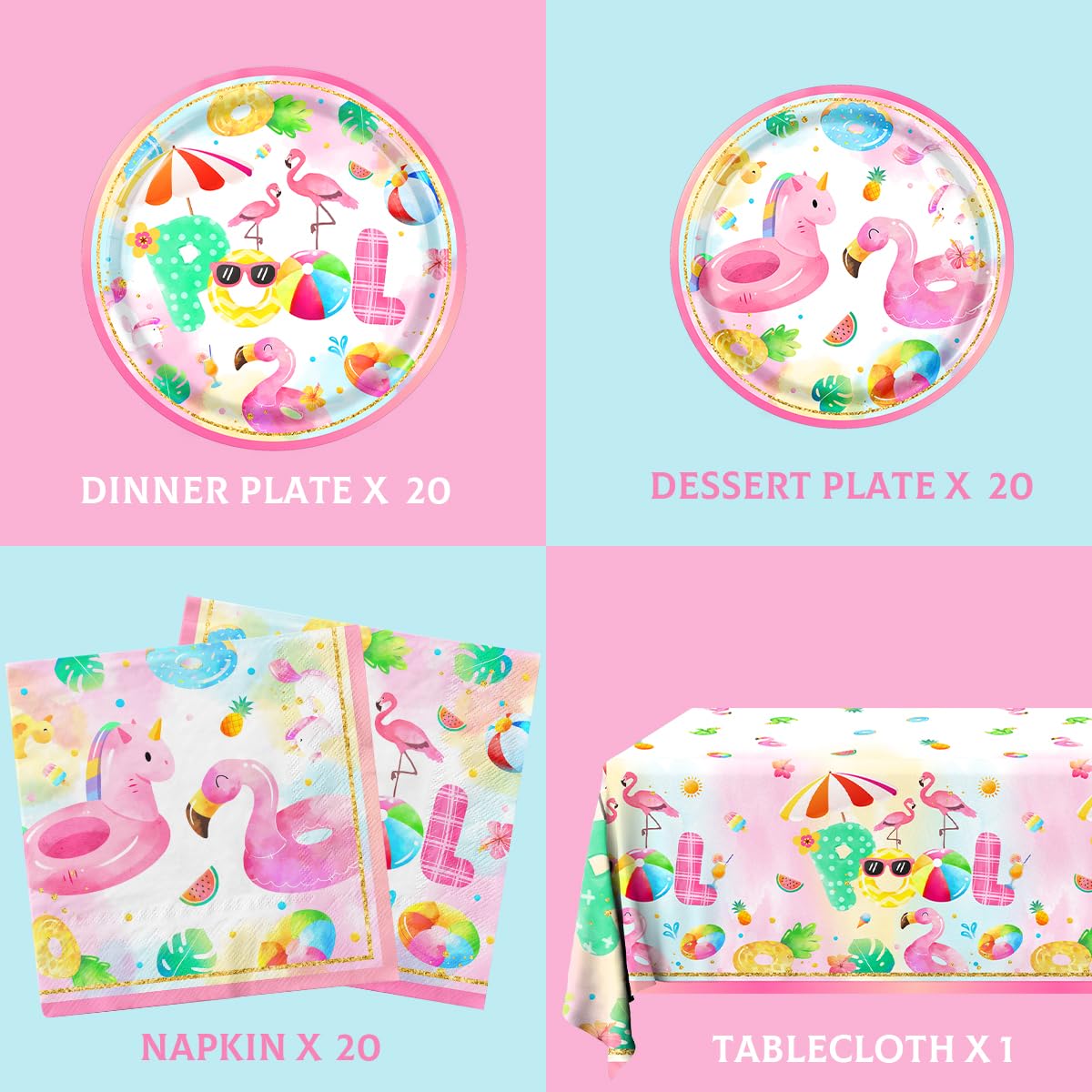 61pcs Pool Party Decorations Supplies Swimming Pool Party Tableware Pink Pool Party Plates and Napkins Summer Hawaiian Beach Birthday Favors