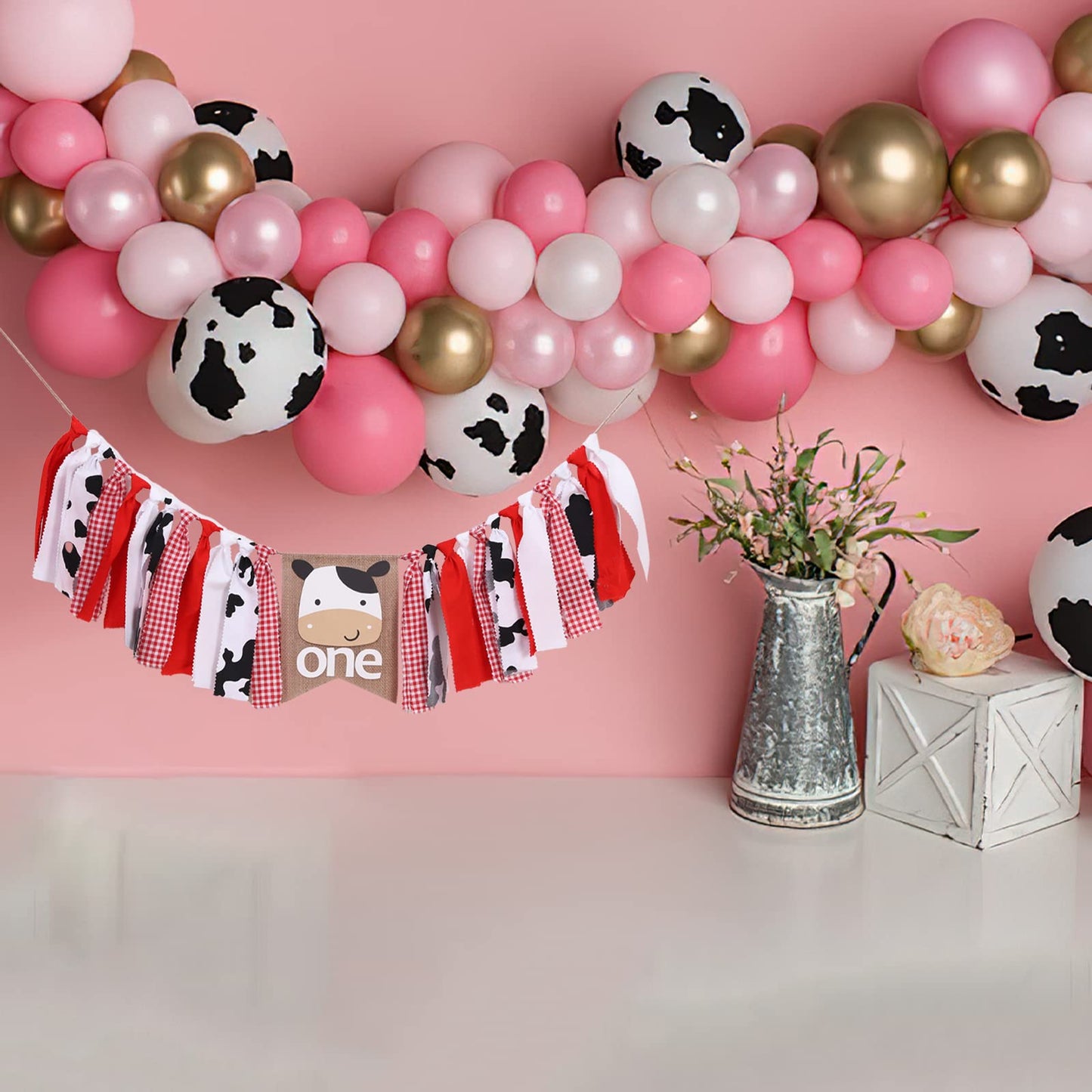 Farm Cow for First Birthday Highchair Banner - Boy or Girl High Chair One First 1st Barnyard Smash Cake Cow Western Fabric Picnic Decorations Cow