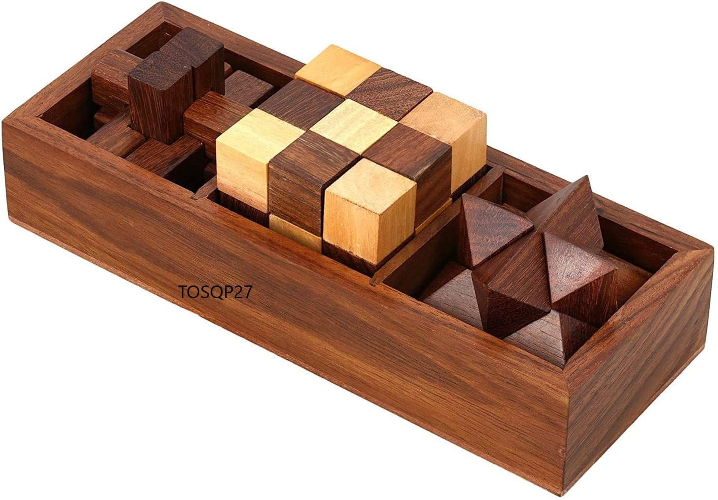 TOSQP27 Gift Wooden Brain Teaser Puzzle Set for Adults & Teens - 3-in-1 Interlocking Burr, Snake Cube & Star Puzzle with Handmade Wooden Storage Box
