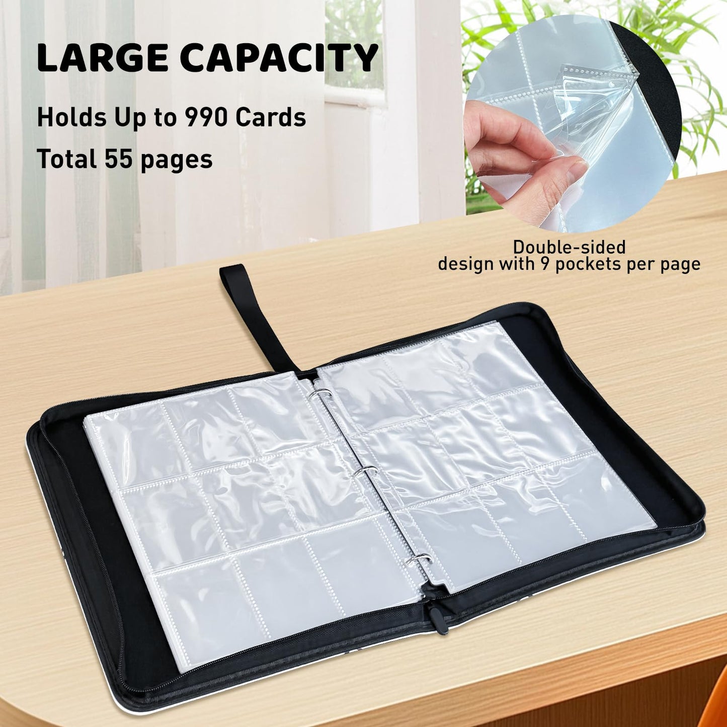 TLAZZ 990 Pockets Baseball Card Binder, Trading Card Collection Binder with 55 Removable Sleeves, Double Sided Pocket Sports Card Binder for MTG TCG