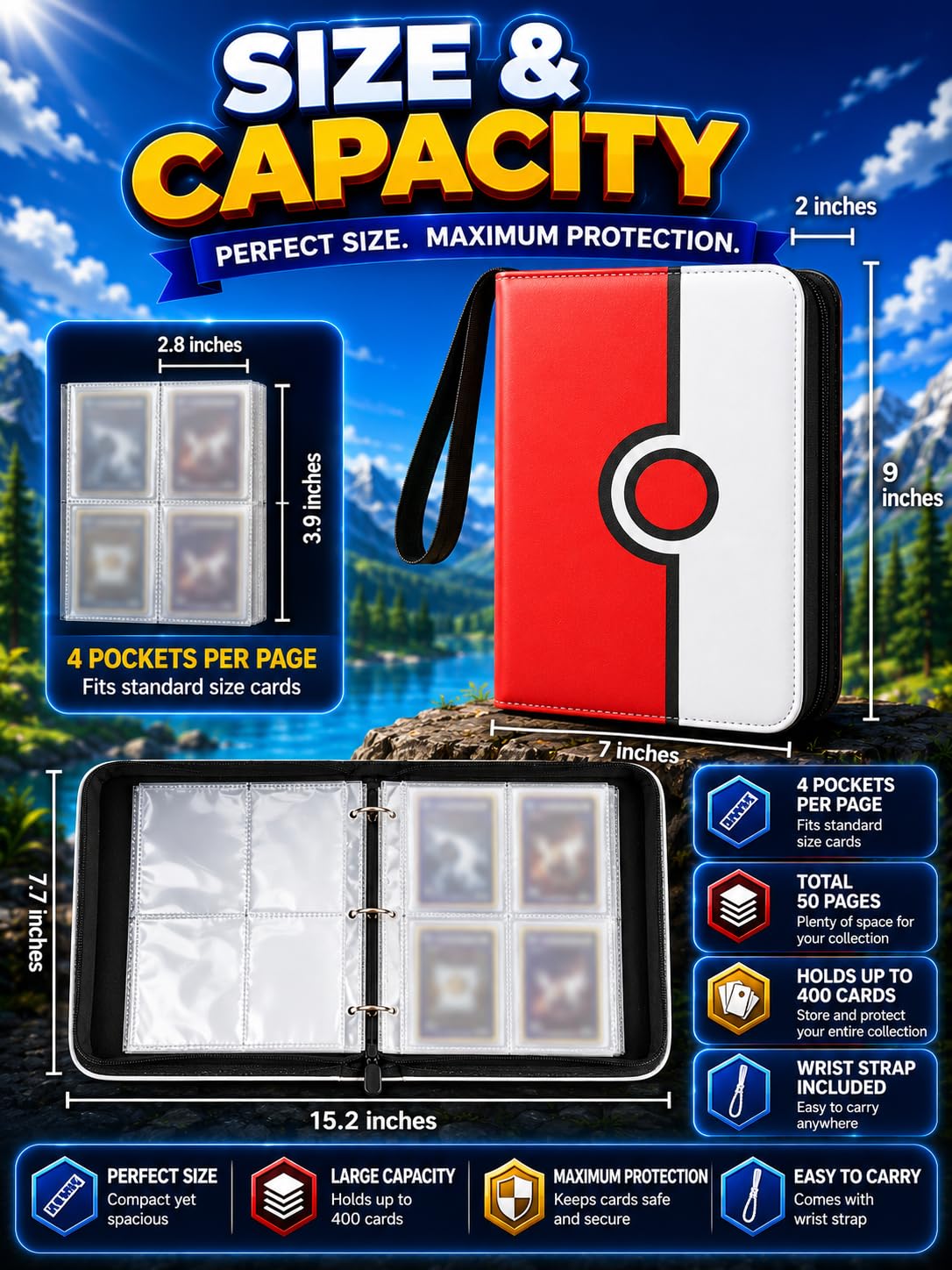 Collectible Trading Card Binder, 400 Pockets Card Holder with 50 Removable Sleeves, Portable Collection Binder Album Book Case Storage, Zipper Card