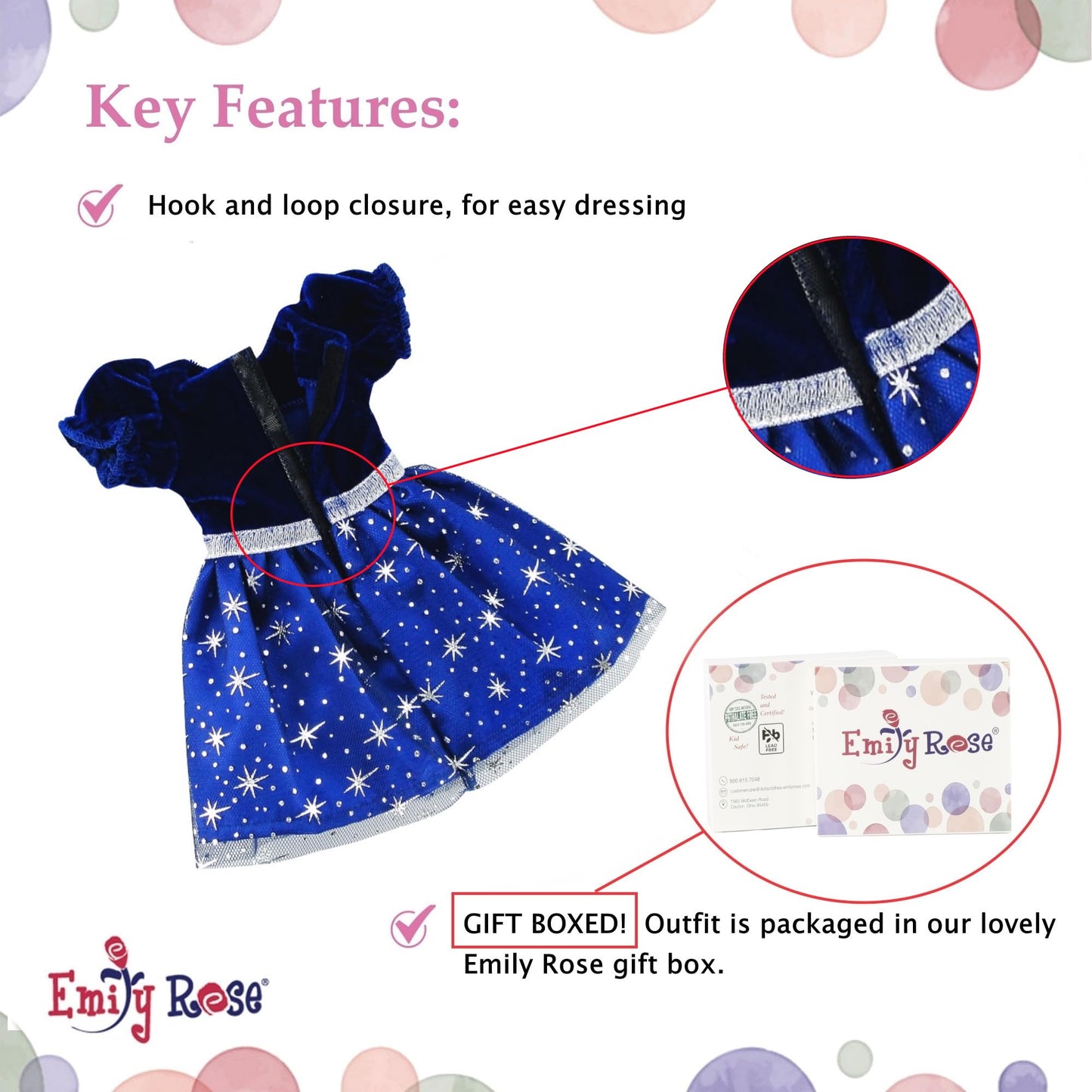 Emily Rose 14 Inch Doll Fashion Clothes Blue/Silver Velvety, Sparkly Party Dress | Compatible with 14.5" Hard-Bodied Wellie Wishers Dolls | USA