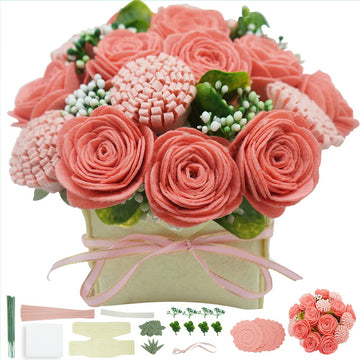 BAZIMA DIY Felt Flower Art Craft Kit, Pink Rose and Carnation Pot Bonsai Kit, Floral Gifts, Beginner Craft Kit, Arrange Pre-Cut Flowers and Foliage