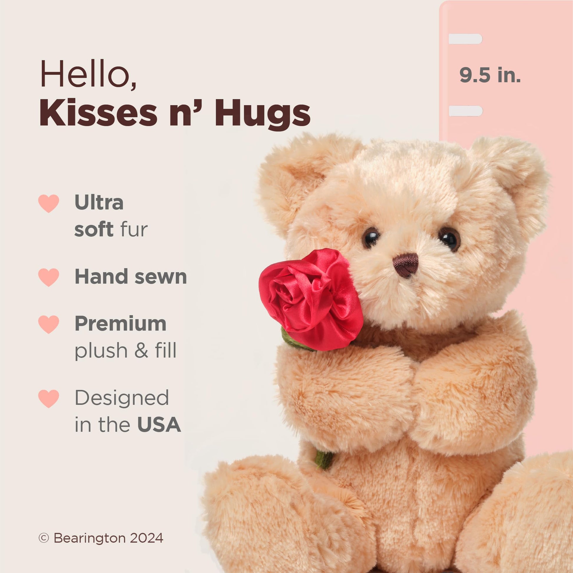 Bearington Remington The Teddy Bear, 9.5 Inch Valentine's Day Stuffed Animal, Ideal for Valentine's Gift for Kids & Girlfriends - Teddy Bear Stuffed