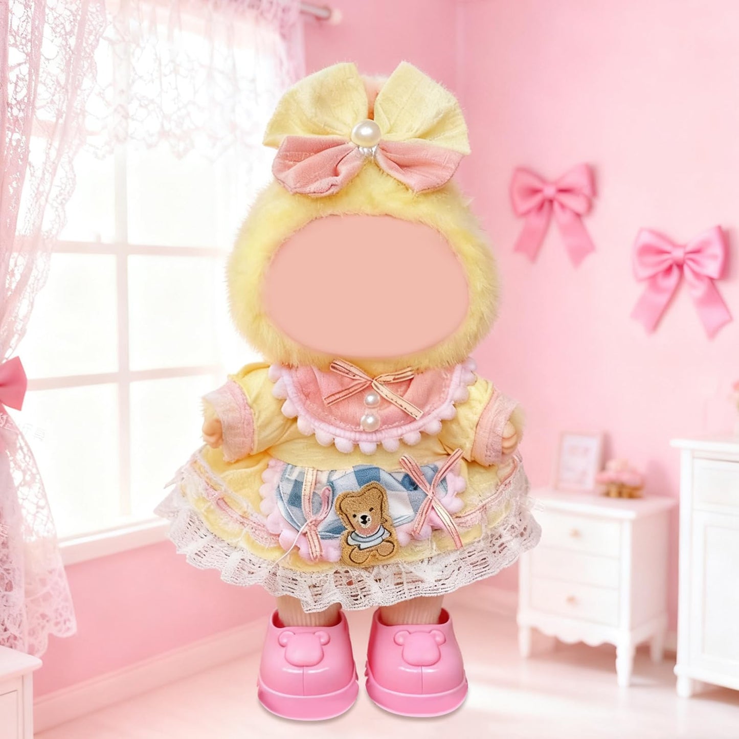 17cm Doll Costume Set(3PCS) - Yellow Pink Pearl Bow, Bear Patch Lace Dress, Pink Bear Shoes?No Doll Included (Style J)