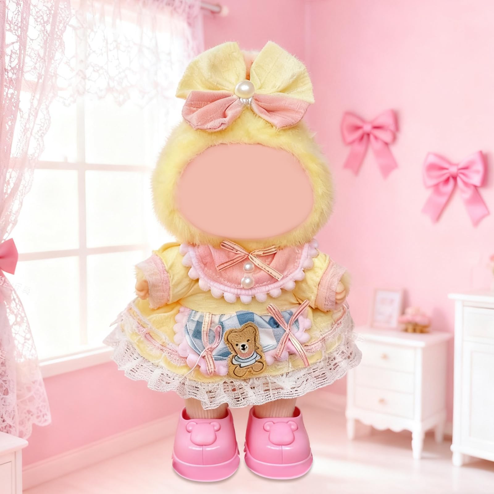 17cm Doll Costume Set(3PCS) - Yellow Pink Pearl Bow, Bear Patch Lace Dress, Pink Bear Shoes?No Doll Included (Style J)