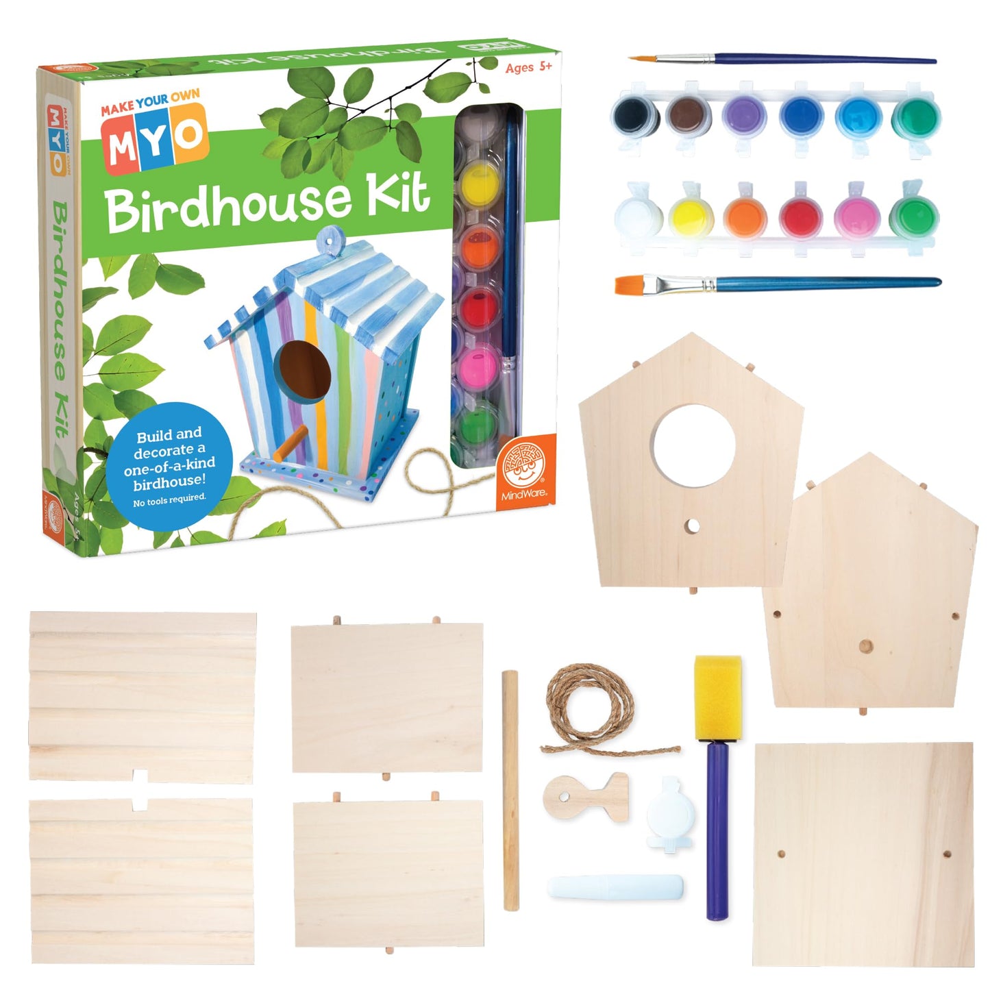 MindWare Make Your Own Birdhouse Kit - Wood Art Kit for Kids - Includes Pre-Cut Wood Pieces and Art Supplies to Assemble and Paint Your Own Bird House