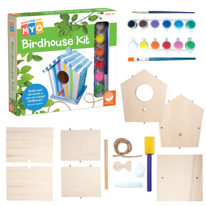 MindWare Make Your Own Birdhouse Kit - Wood Art Kit for Kids - Includes Pre-Cut Wood Pieces and Art Supplies to Assemble and Paint Your Own Bird House