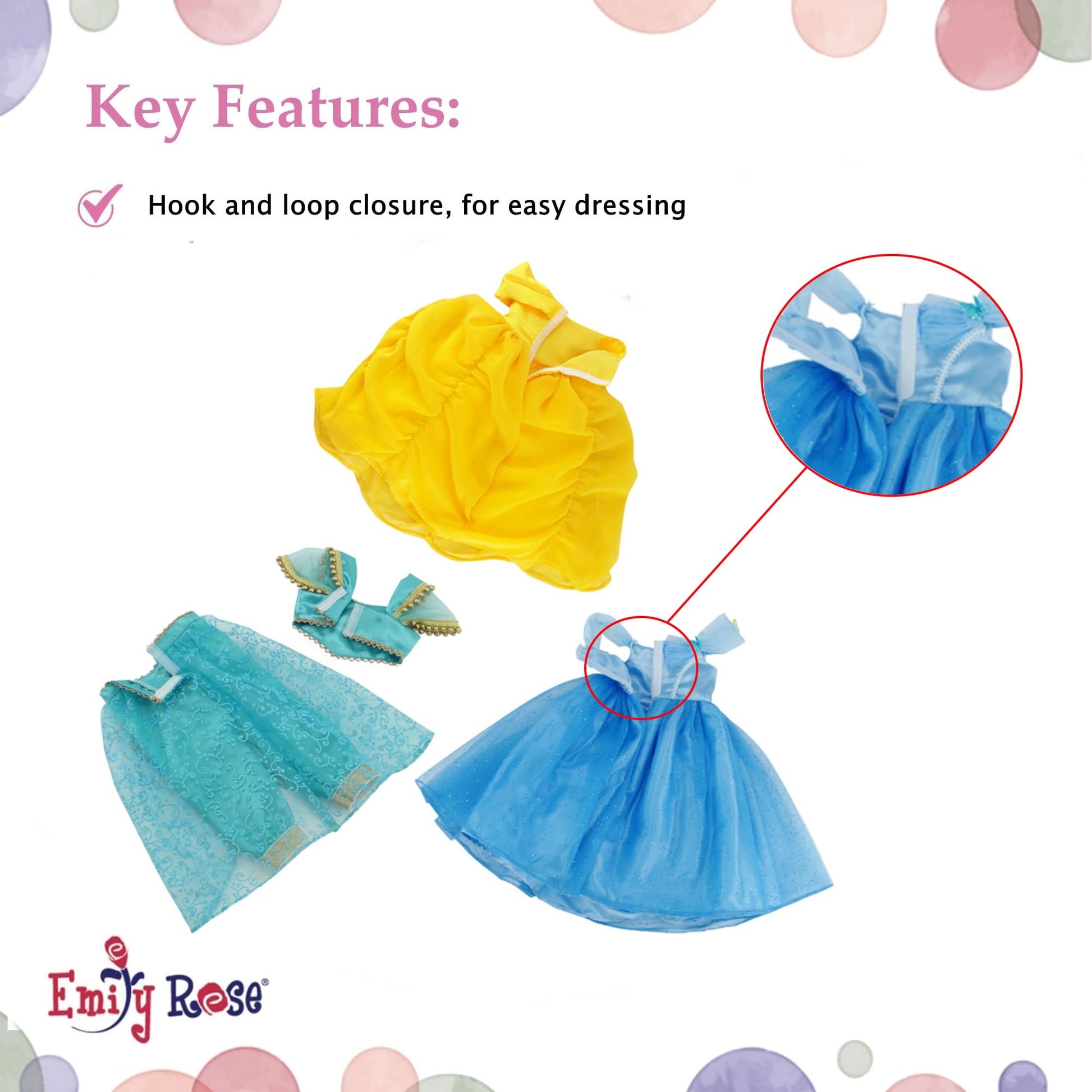 Emily Rose 14 Inch Doll Princess Clothes 9-PC Value Bundle | 3 Complete Outfits with Shoes | Compatible with American Girl and Our Generation Dolls |