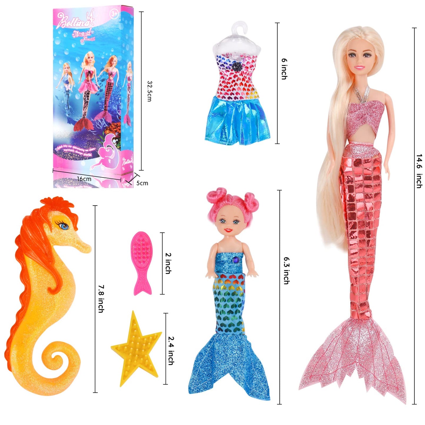 BETTINA 12'' Mermaid Princess Doll with 3'' Mermaid & Seahorse Play Gift Set | Mermaid Toys with Accessories and Doll Clothes for Little Girls (Pink)