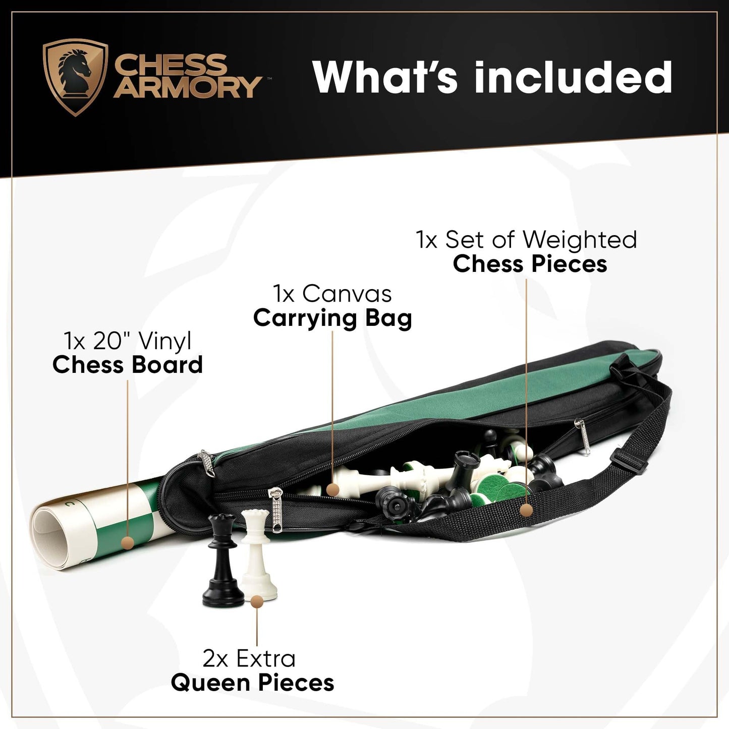 Chess Armory Large Chess Set 20" Weighted Tournament Set with Canvas Carrying Bag - Vinyl Roll Up Chess Board, Weighted Chess Pieces - 3.75 Inch King