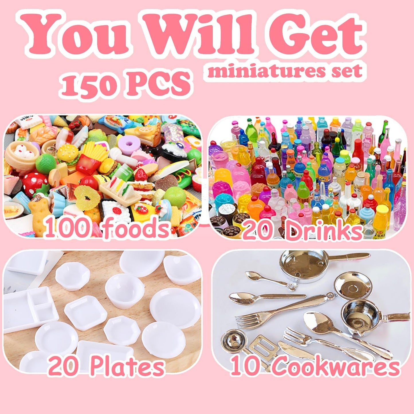 150Pcs Miniatures Food Drinks Bottles Doll House Accessories 1:12 Playset Pretend Play Kitchen Game Party Toys Mini Things Stuff Tiny Baking Travel