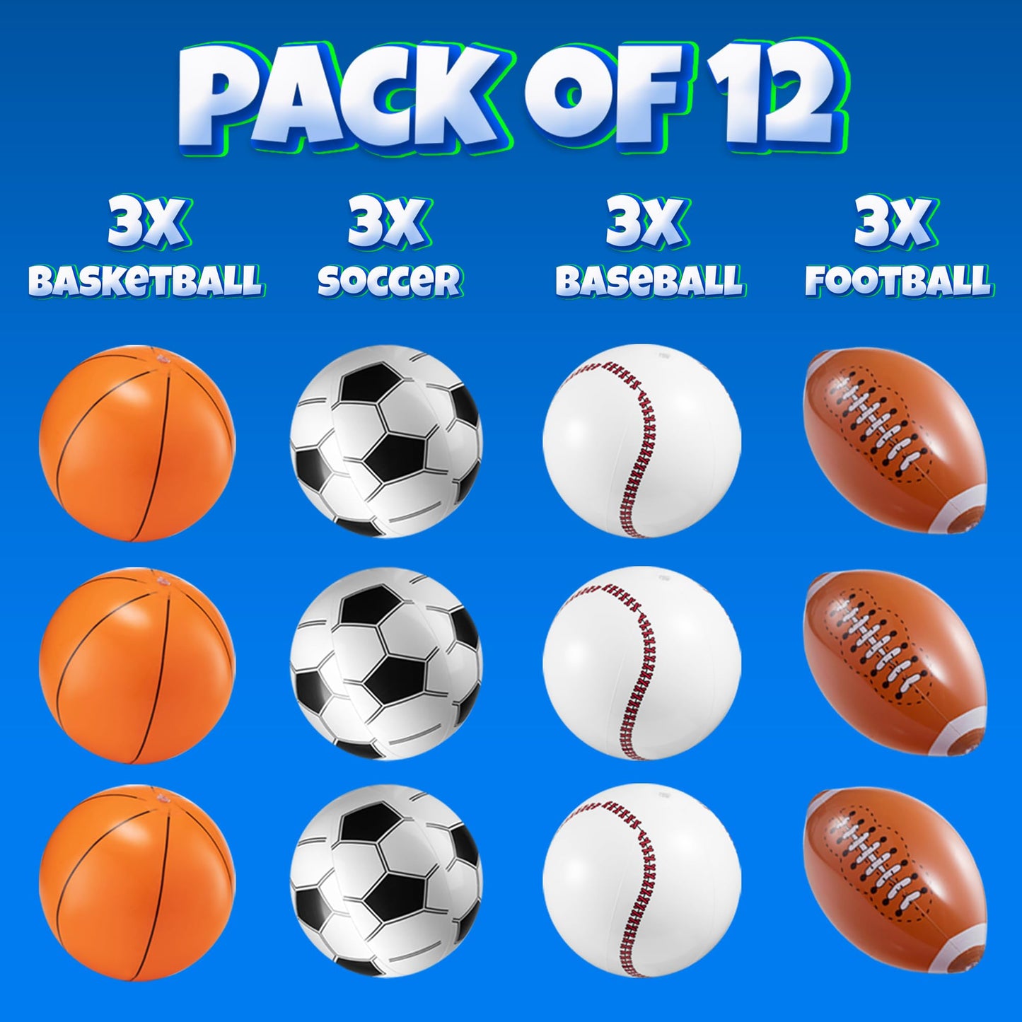 16" Inflatable Sports Beach Balls Variety Pack (12 Pcs) - 3 of Each Sport