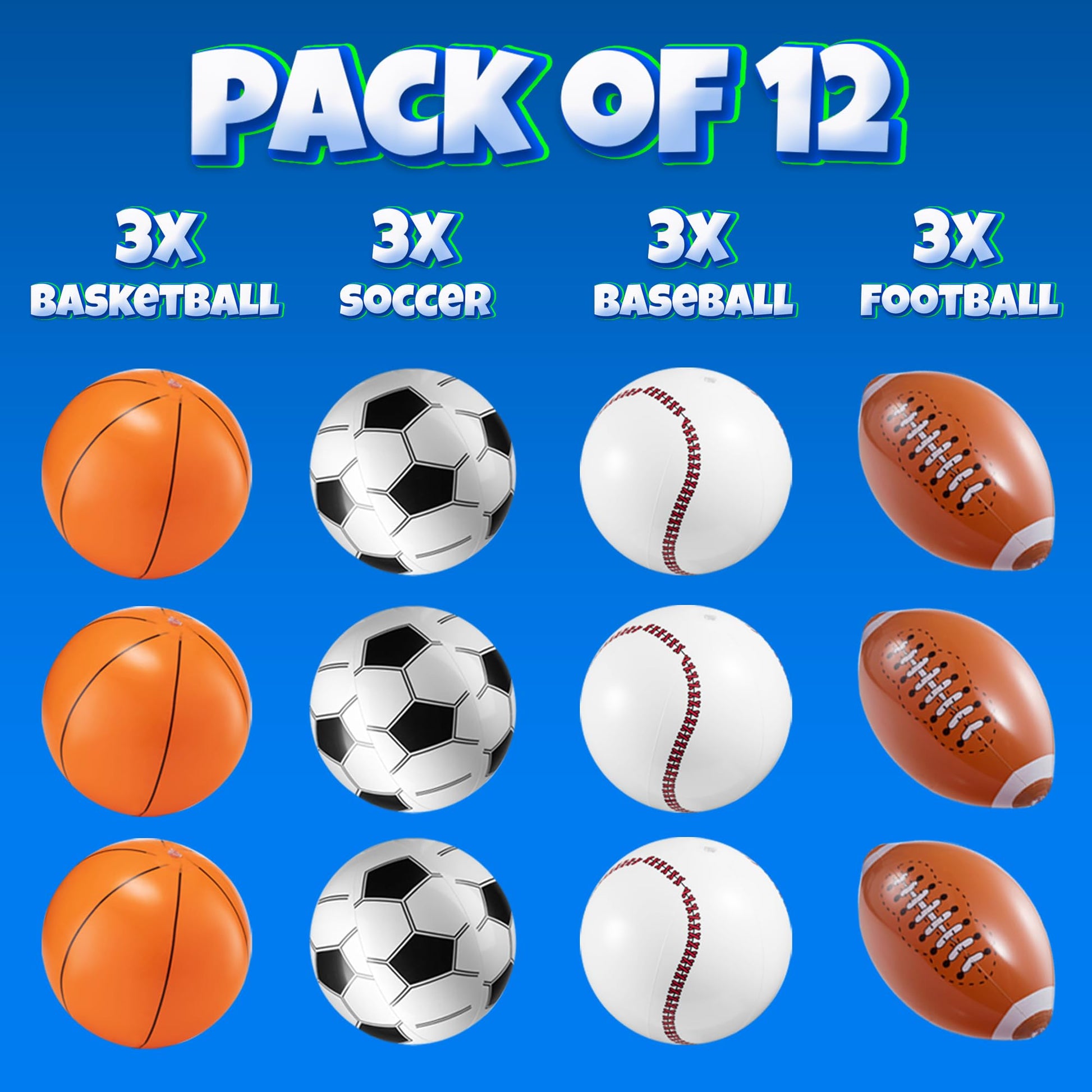 16" Inflatable Sports Beach Balls Variety Pack (12 Pcs) - 3 of Each Sport