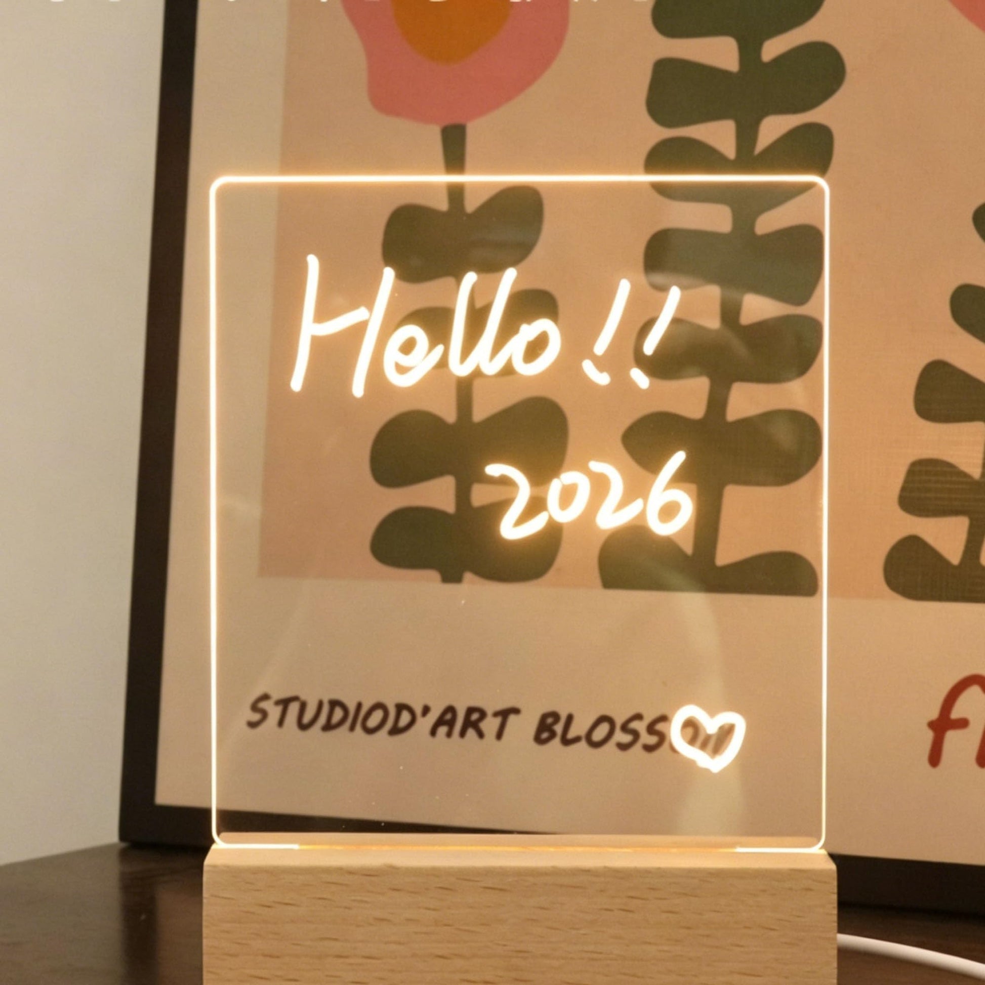 2-in-1 LED Night Light & Dry-Erase Board, 5.91x5.91"Wooden Acrylic Light, LED Note Board Message Board, Arcrylic Memo Board Doodle Glow Board