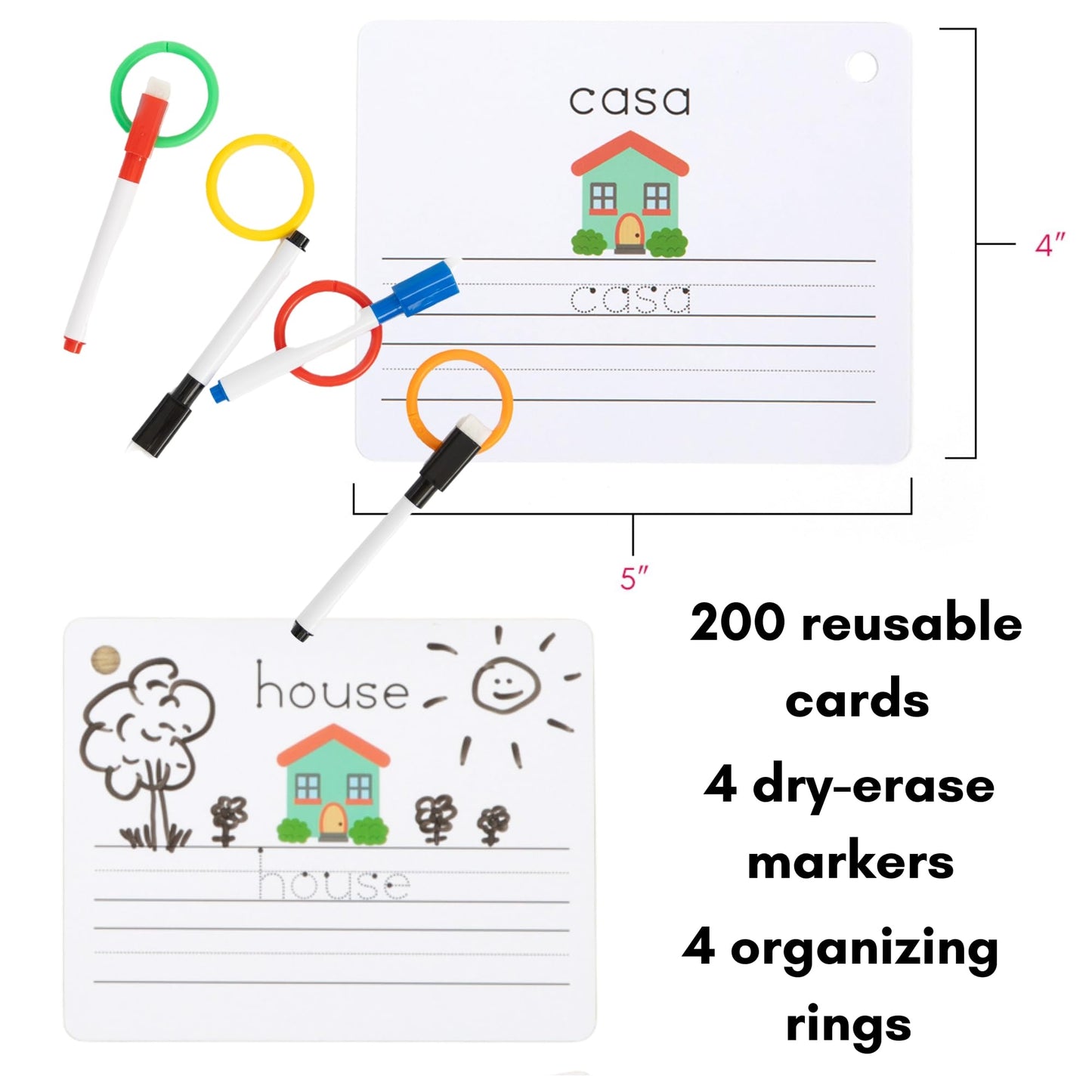 Dry Erase Spanish Flash Cards for Kids | English - Spanish Alphabet Flash Cards for Beginners - Set of 200 ESL Teaching and Learning Bilingual