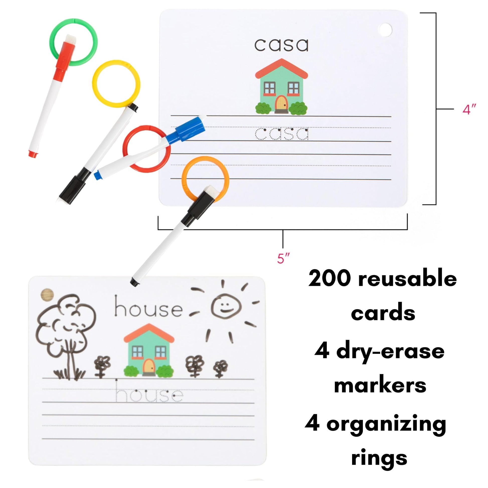 Dry Erase Spanish Flash Cards for Kids | English - Spanish Alphabet Flash Cards for Beginners - Set of 200 ESL Teaching and Learning Bilingual