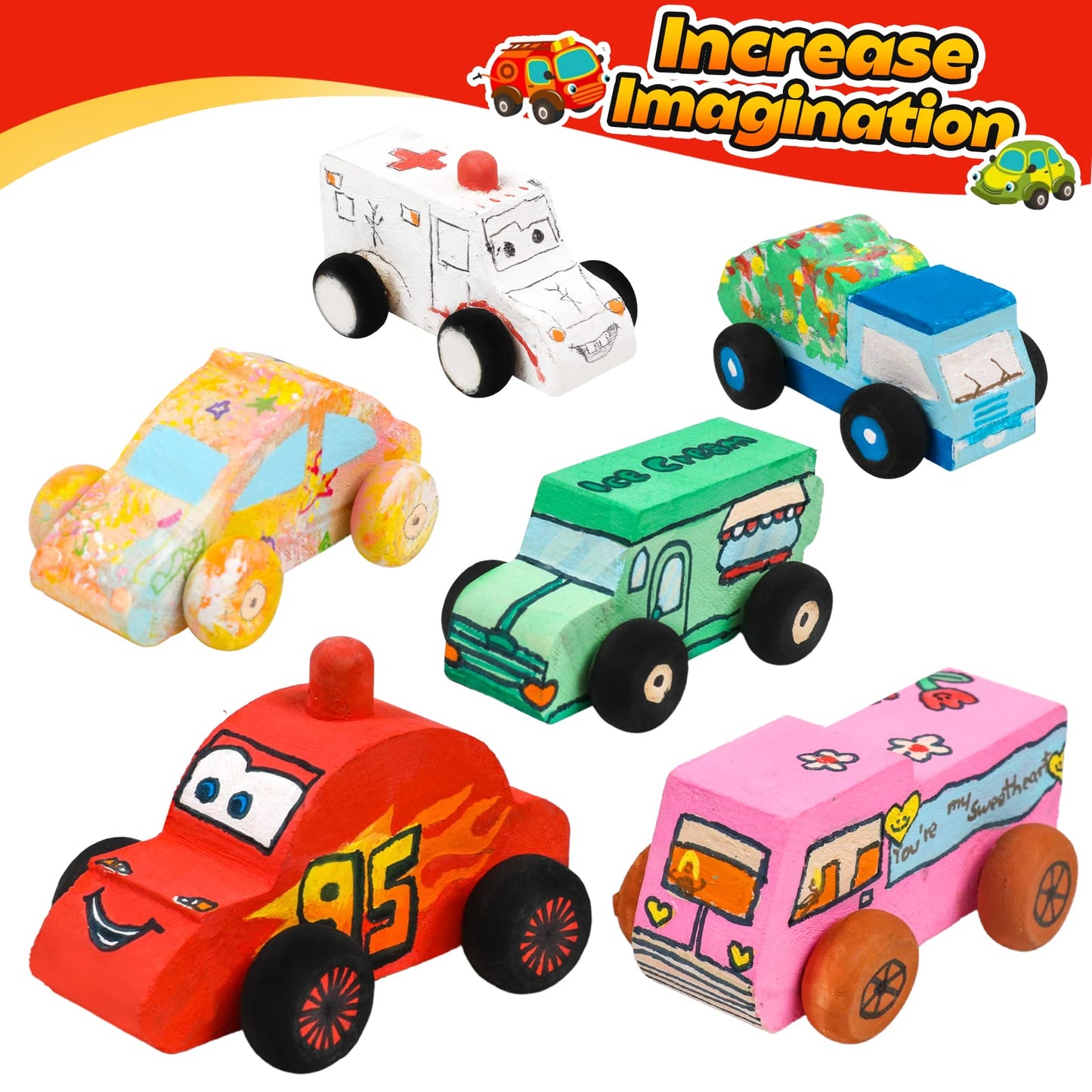 SHAPGEI 12 Pieces Wood DIY Car Toys Unfinished Wooden Cars Paintable Wood Car Blocks Crafts for Students Home Activities Easy Woodworking and Family
