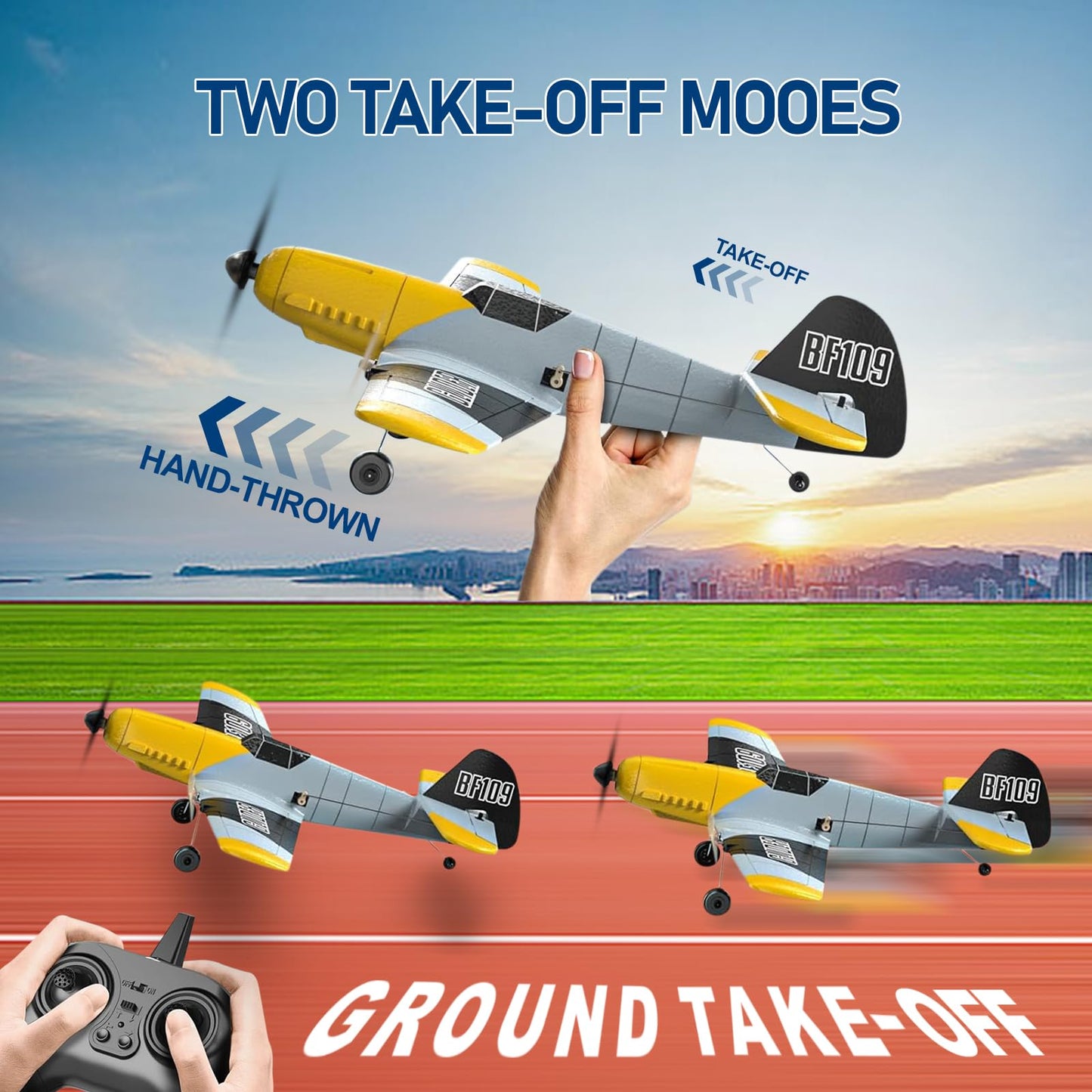 Toileum RC Plane, 3 Channel Remote Control Airplane, 6-axis Gyro Stabilizer BF-109 RTF RC Airplane with 2 Batteries, Easy to Fly for Beginners Adults