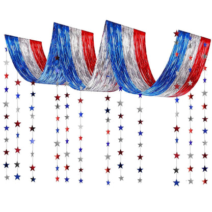 Patriotic Decorations, 5Pack USA Red White and Blue Decorations Metallic Foil Ceiling Fringe Curtains and Star Garland for or 250th Anniversary