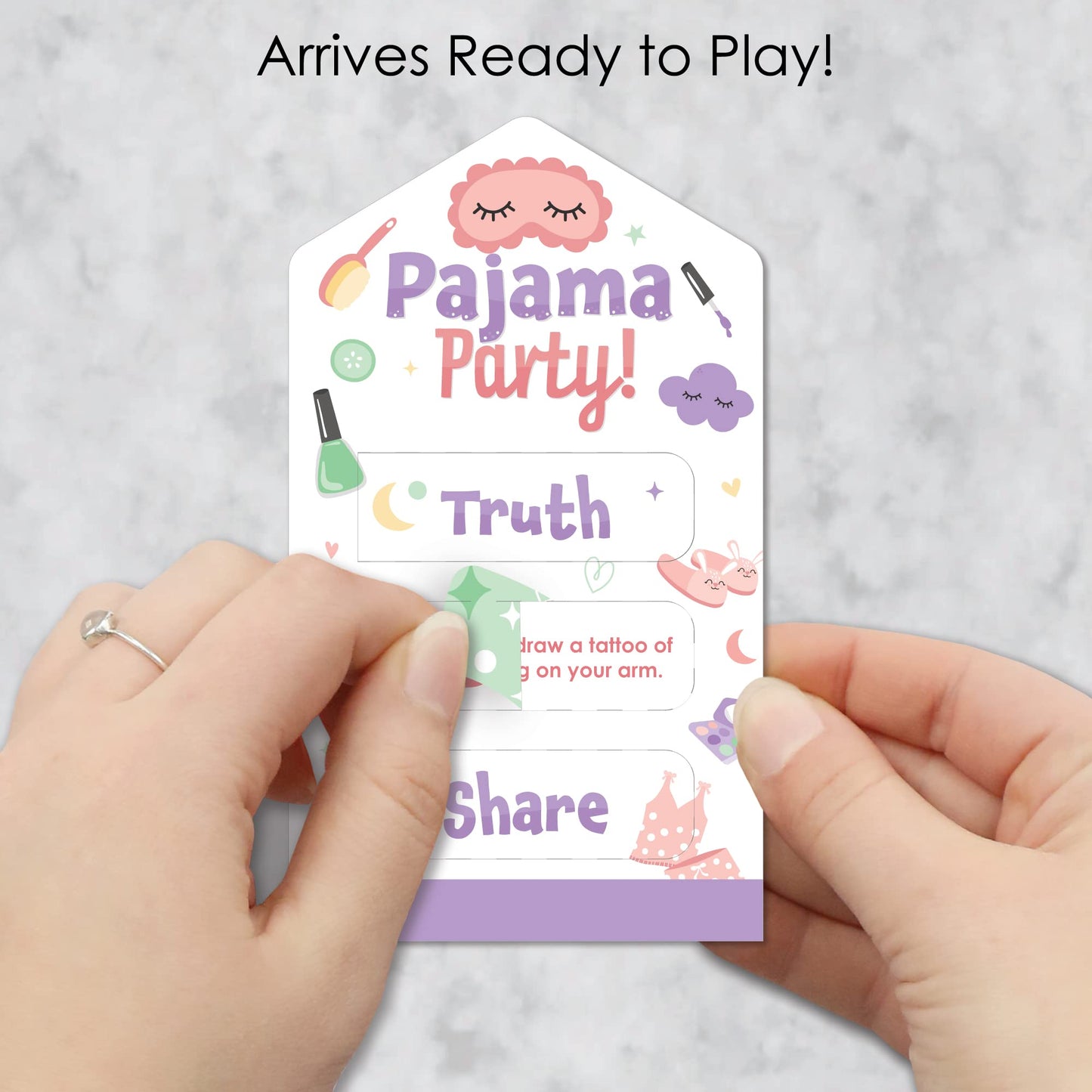 Big Dot of Happiness Pajama Slumber Party - Girls Sleepover Birthday Party Game Pickle Cards - Truth, Dare, Share Pull Tabs - Set of 12