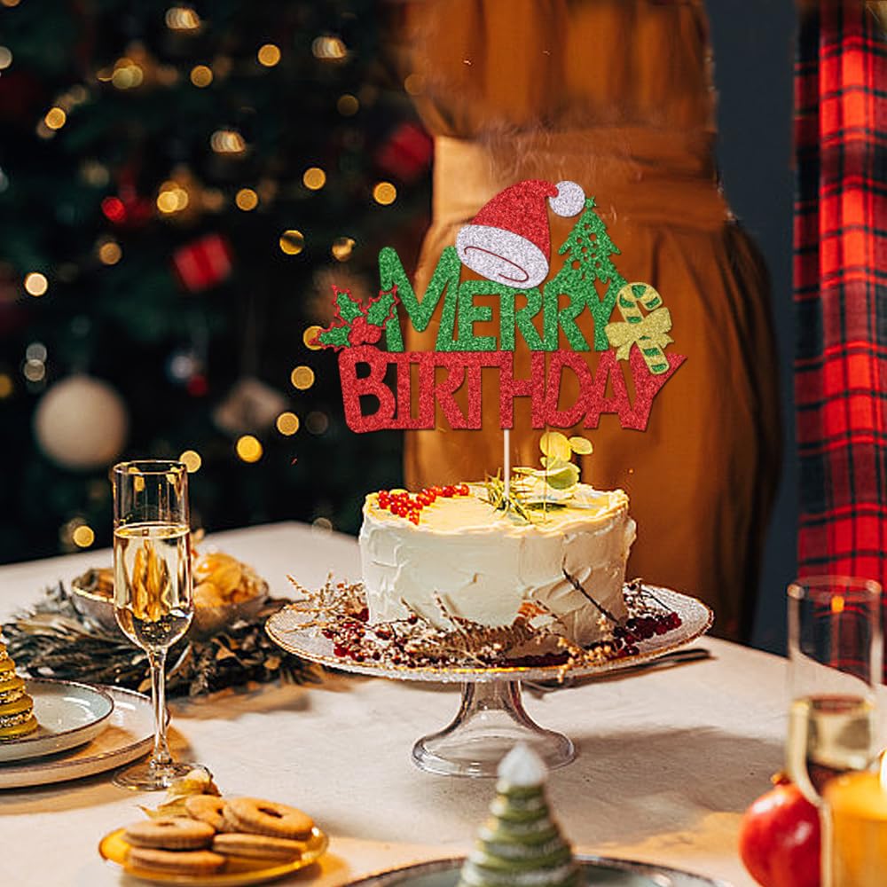Naicaek Merry Birthday Cake Topper,Christmas Holiday Party Supplies
