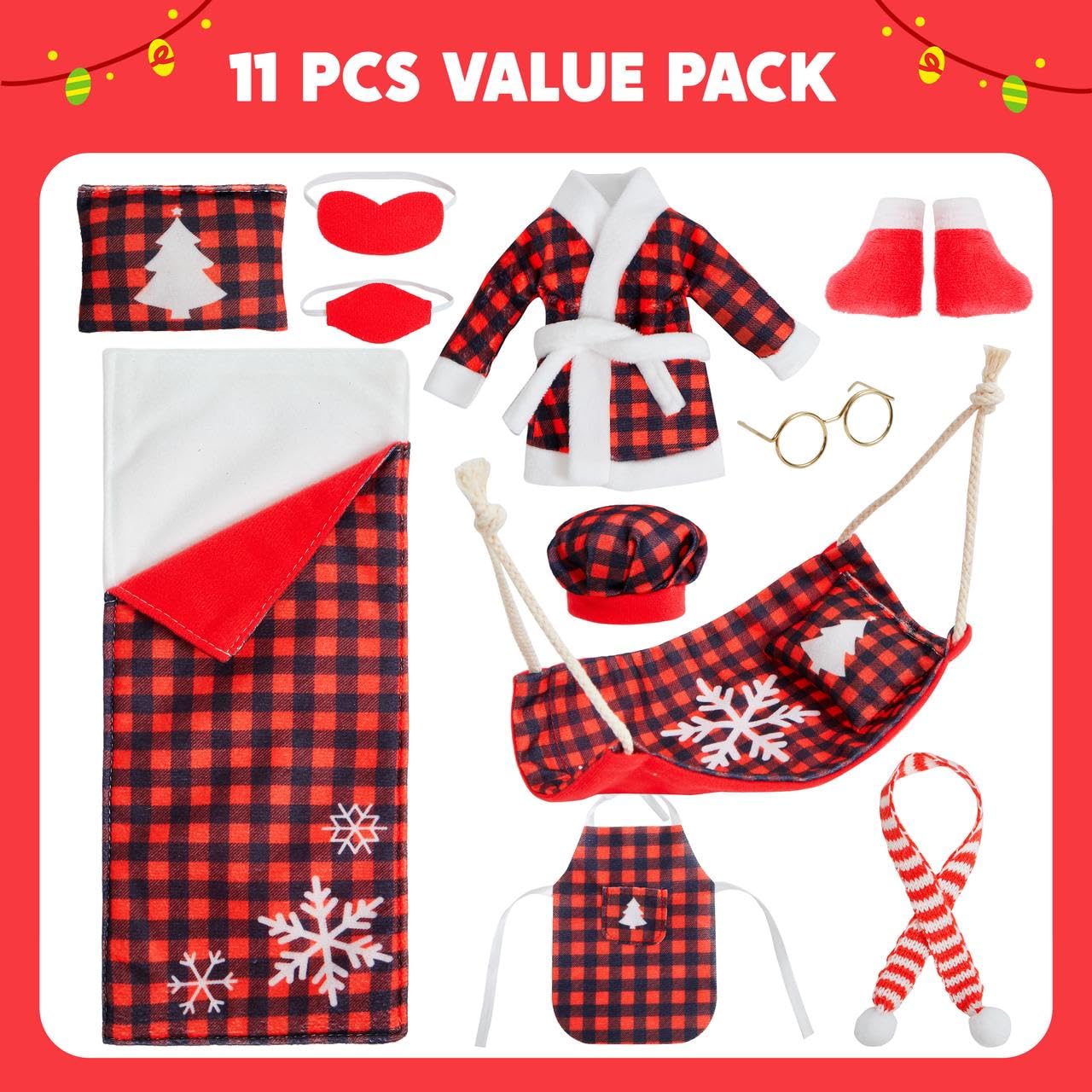 JOYIN 11 PCS Sleeping Bag Christmas Accessory for Doll Include Christmas Sleeping Bag, Apron Hat Bathrobes Shoes Hammock Eye Mask Face Mask Scarf