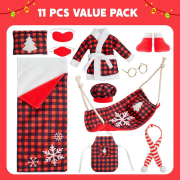JOYIN 11 PCS Sleeping Bag Christmas Accessory for Doll Include Christmas Sleeping Bag, Apron Hat Bathrobes Shoes Hammock Eye Mask Face Mask Scarf